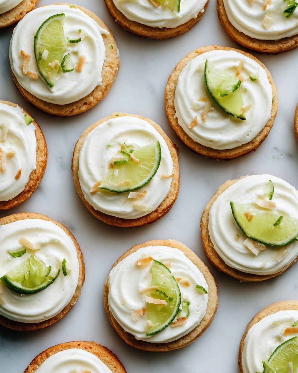A close-up view of multiple round cookies arranged neatly on a white marbled surface. Each cookie has a golden-brown base with a creamy white layer of frosting spread evenly on top. Small pieces of green lime wedges and light orange coconut flakes are placed on the frosting as decoration. The texture of the frosting is smooth with soft swirls, and the lime wedges add a slight contrast in color and shape. The arrangement shows a uniform pattern with the cookies closely spaced but not touching. photo taken with an iphone --ar 4:5 --v 7