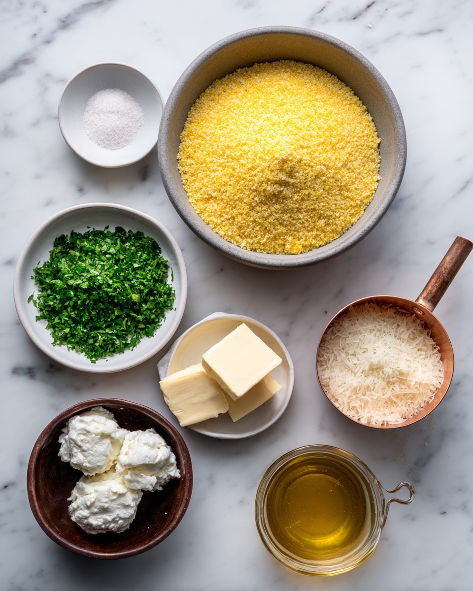 The image shows seven ingredients arranged on a white marbled surface: a large gray bowl filled with yellow cornmeal polenta is at the top center; below it to the left, a small white bowl with bright green chopped herbs; to the right of the herbs, a copper measuring cup with a wooden handle filled with white grated parmigiano reggiano; below that cup, a small white bowl with two slices of pale unsalted butter; to the bottom left, a brown bowl with two white scoops of mascarpone cheese; below and slightly right of the mascarpone, a tiny clear bowl of white kosher salt; and at the bottom right, a glass measuring cup filled with golden chicken stock. photo taken with an iphone --ar 4:5 --v 7