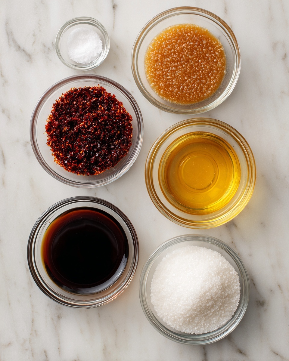 The image shows six small clear glass bowls placed on a white marbled surface. Each bowl holds a different ingredient: one with dark red chili crisp with a textured oily surface, one with smooth tan Chinese sesame paste, one filled with very dark brown light soy sauce with a shiny surface, one with golden sesame oil showing a clear amber color, one small bowl filled with clear rice vinegar, and the last bowl containing white granulated sugar. Each bowl is evenly spaced and the overall look is clean and organized with each ingredient clearly visible. Photo taken with an iphone --ar 4:5 --v 7