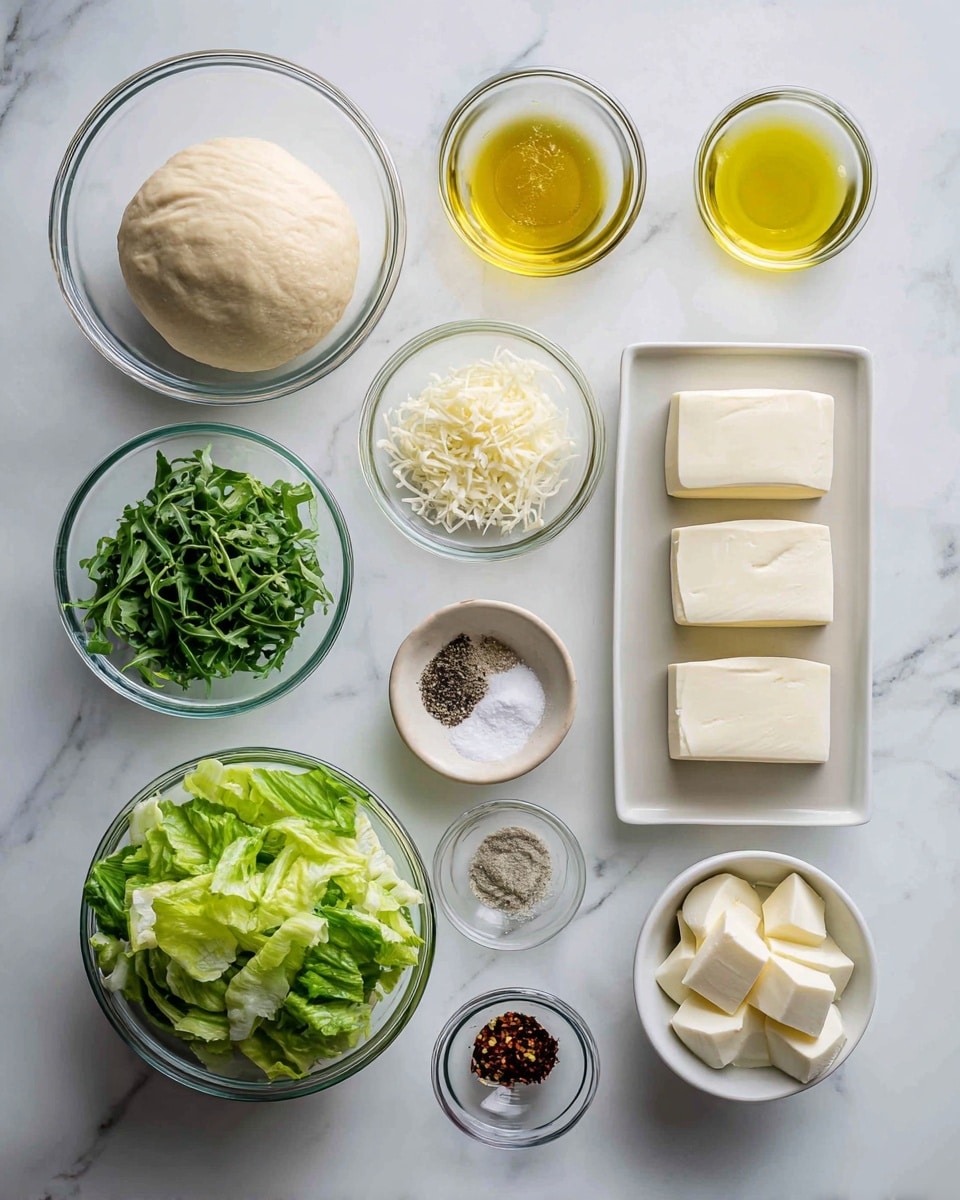This image shows many small clear glass bowls and one white square plate on a white marbled surface. The top left has a clear glass bowl with smooth, pale pizza dough. In the center near the top, a small clear glass bowl holds golden yellow olive oil, while another small bowl contains white grated Parmesan cheese with a bit of light brownish liquid on one side. A small bowl with salt and pepper sits below it. To the right, the white square plate shows six rectangular slices of creamy white mozzarella cheese neatly arranged in two rows. Toward the bottom left, a clear bowl holds thin, light pink slices of cooked chicken breast. Fresh, chopped green romaine lettuce fills a clear bowl nearby. Lemon juice, pale yellow in a clear bowl, sits close to the center bottom. Mayonnaise, creamy and off-white, is in a small clear bowl at the bottom. There are also small bowls near the right with coarse black salt and pepper, Dijon mustard, Worcestershire sauce, olive oil, and minced garlic. The items are well spaced and labeled in black text on the image. Photo taken with an iphone --ar 4:5 --v 7