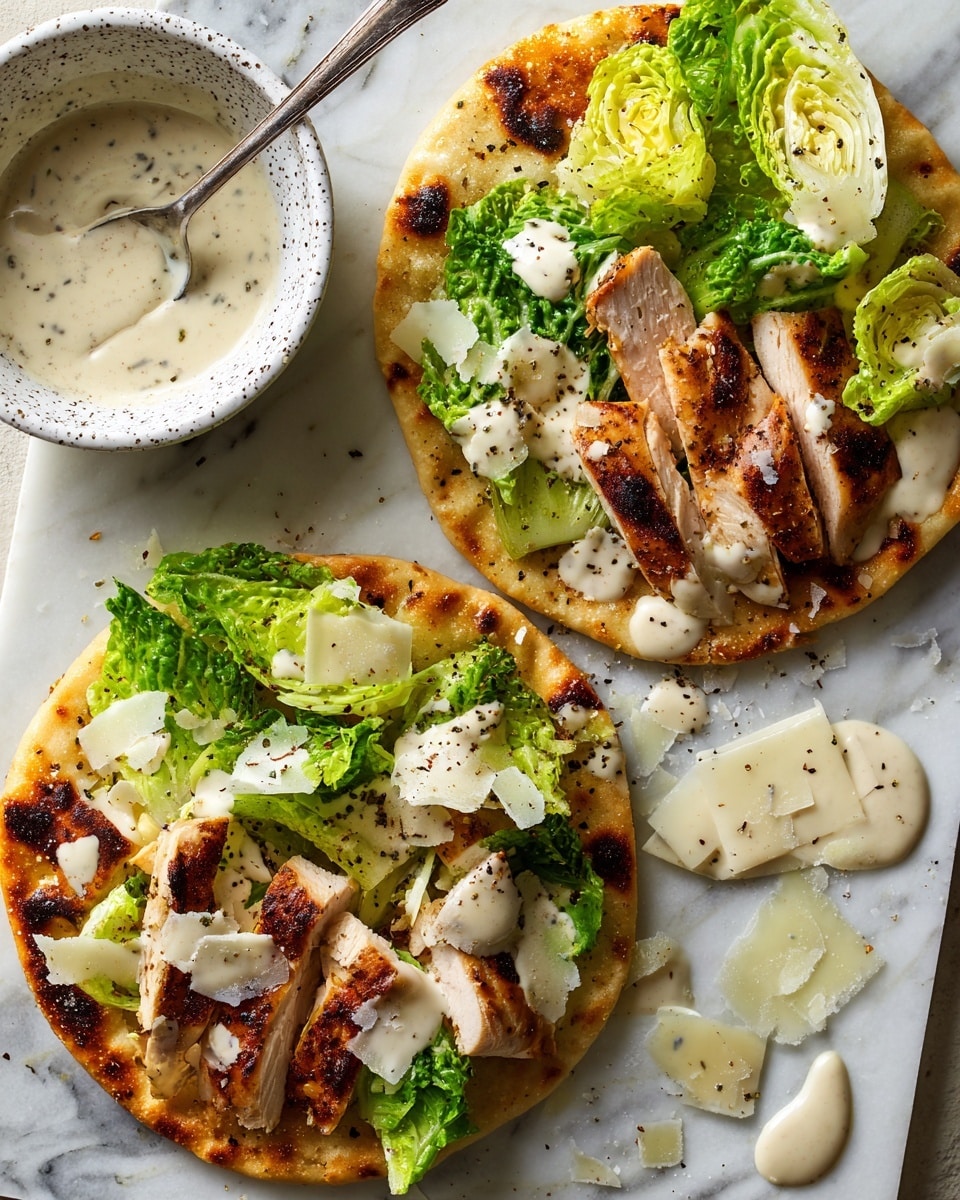 Two small flatbreads with a golden brown, slightly charred texture sit on a white marbled surface, topped with light beige grilled chicken slices arranged unevenly. Fresh green Romaine lettuce pieces with rough texture and dark black pepper sprinkled on top cover the chicken layers. There are thin, off-white shaved cheese slices scattered over the flatbreads and a creamy off-white sauce drizzled unevenly, creating soft pools on the flatbread and marbled surface. To the side, a white bowl with gray speckles holds more of the creamy sauce with a spoon resting inside, some sauce spilled on the surface around it. photo taken with an iphone --ar 4:5 --v 7
