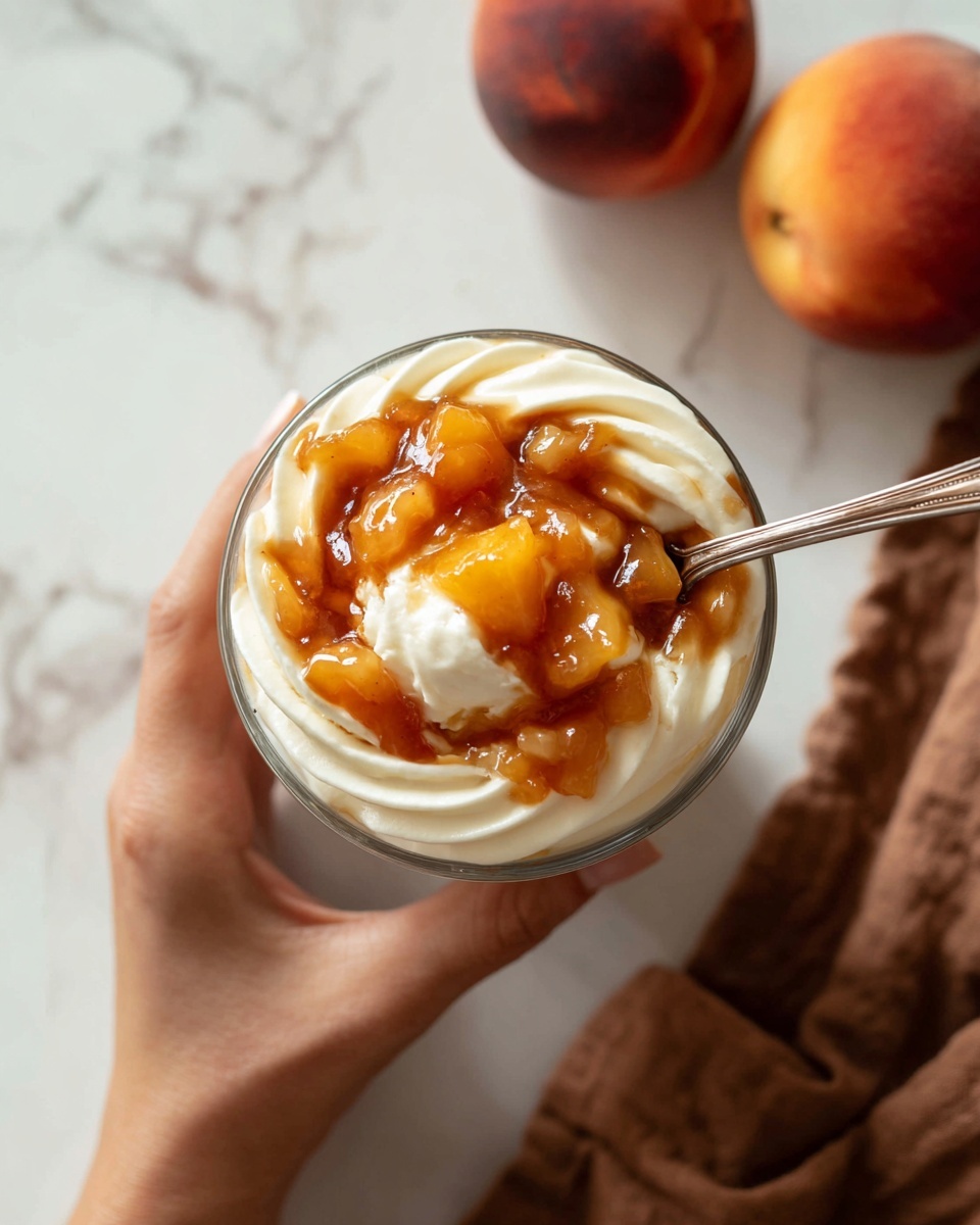 A close-up top view shows a clear cup held by a woman's hand, filled with cream-colored swirled soft ice cream or whipped cream at the bottom and sides, topped with a chunky, glossy golden-brown peach sauce or compote with visible small fruit pieces. A spoon is dipping into the sauce on the right side. The background shows two ripe peaches and a brown cloth on a white marbled surface. Photo taken with an iphone --ar 4:5 --v 7