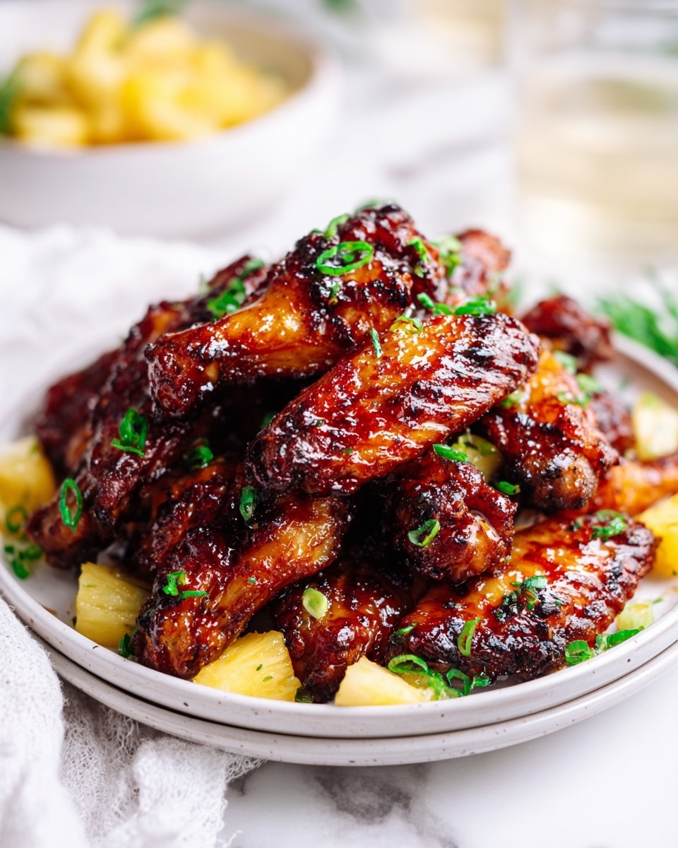 A stack of shiny, dark brown glazed chicken wings sits in the middle of a white plate, with bright yellow pineapple chunks mixed in between the pieces. The wings have a slightly crispy texture with grill marks, and small bits of green onion are sprinkled over the top and sides. The plate is set on a white marbled surface, with parts of a white cloth napkin peeking from the top side. In the background, a white bowl of pineapple pieces and a glass with a drink are softly blurred. Photo taken with an iphone --ar 4:5 --v 7