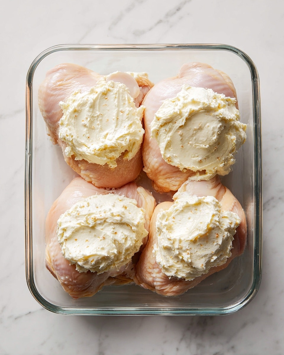 Four raw chicken pieces lie flat inside a clear glass baking dish on a white marbled surface. Each chicken piece is topped with a thick, uneven layer of creamy white mixture with small flecks, spread in the center of each piece. The chicken skin is pale pink and smooth, contrasting with the textured white cream on top. The baking dish edges are visible and clear, highlighting the neat arrangement of the chicken pieces within. Photo taken with an iphone --ar 4:5 --v 7