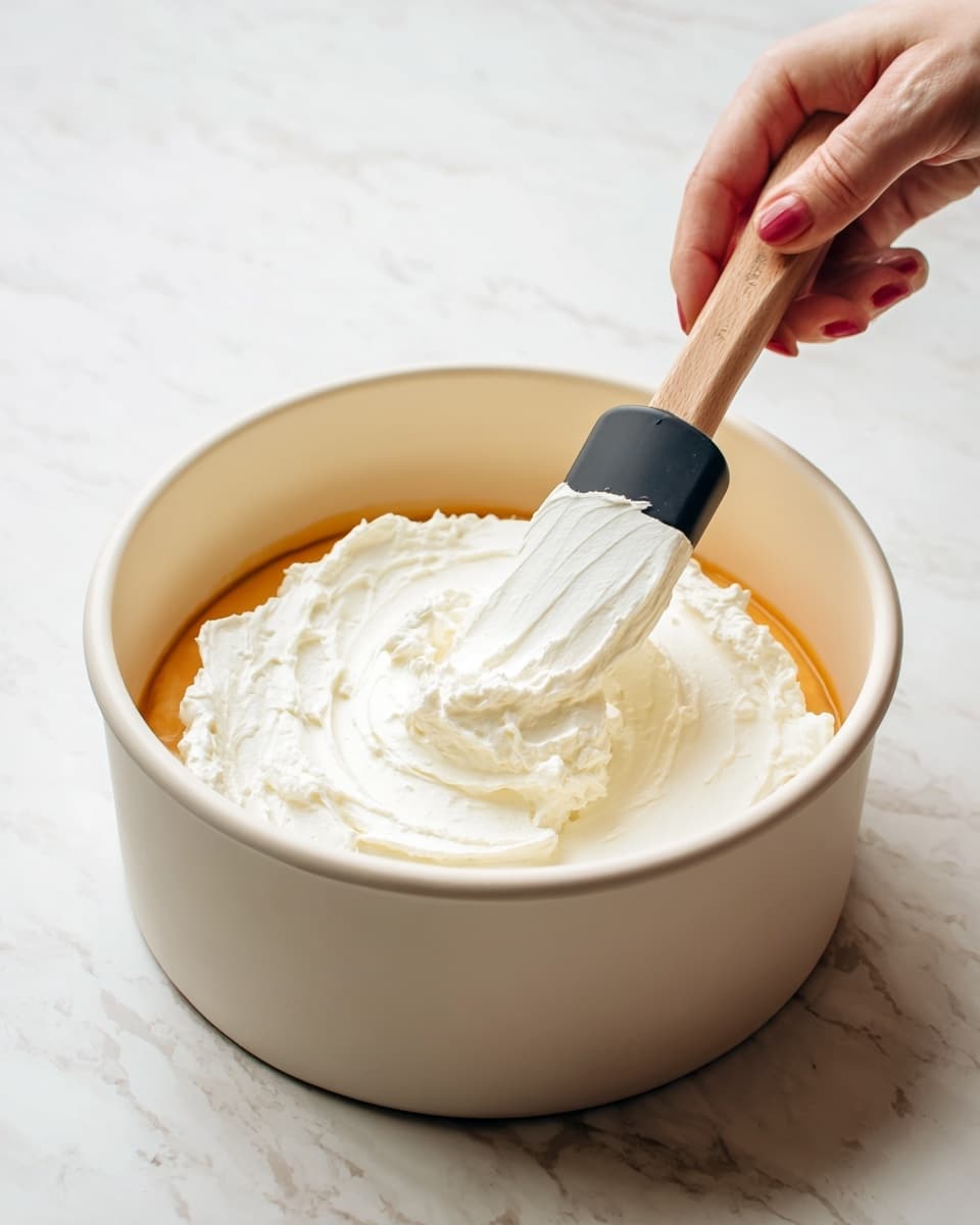 A white bowl with two layers inside is shown on a white marbled surface. The bottom layer is thick and smooth with a rich orange color. On top of it, a fluffy white layer is being added from a white container, held above by a woman's hand holding a spatula with a wooden handle and black silicone head. The white layer looks light and creamy, gently resting on the orange base. Photo taken with an iphone --ar 4:5 --v 7