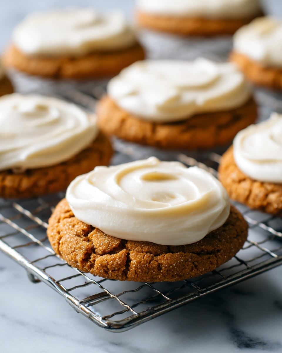 There are several round cookies on a metal cooling rack over a white marbled surface. Each cookie has two layers: the bottom layer is a light brown, slightly rough textured cookie base with cracks, and the top layer is a thick, creamy white frosting spread unevenly with smooth peaks. The cookies are arranged in rows on the rack with the closest cookie in sharp focus and the others blurring into the background. Photo taken with an iphone --ar 4:5 --v 7