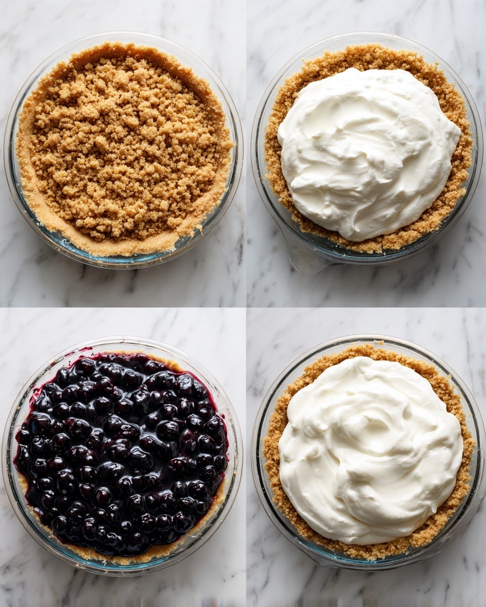 The image shows a four-step process of making a blueberry pie in a clear glass pie dish placed on a white marbled surface. The first layer is a golden brown crumbly crust pressed evenly around the dish, forming a thick edge. The second layer is a large dollop of thick white cream placed in the center of the crust. The third layer shows the white cream spread smoothly to fill the crust evenly. The last layer features a shiny, dark purple blueberry topping with whole berries covering the cream fully, giving the pie a rich and fresh look. Photo taken with an iphone --ar 4:5 --v 7