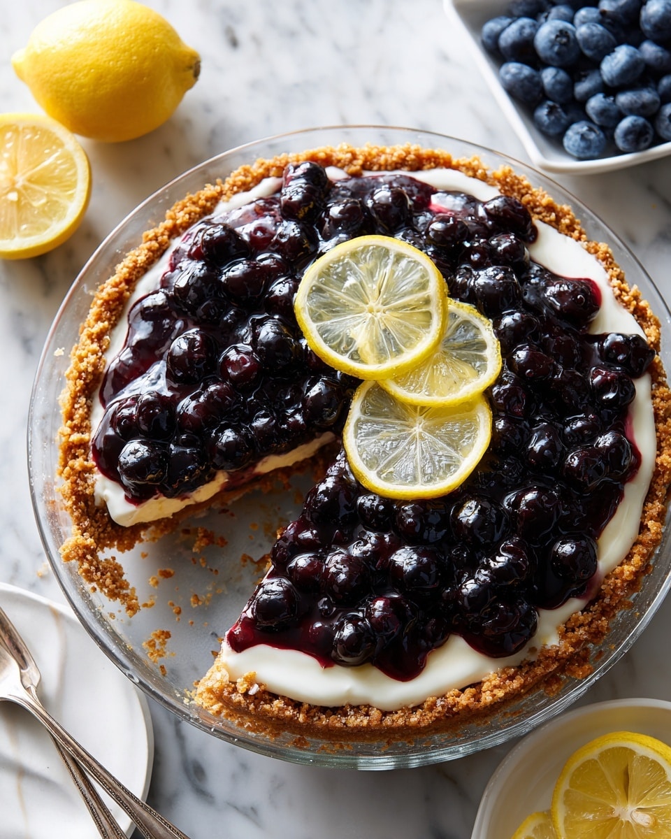 A pie on a clear glass plate with three visible layers: a bottom layer of light brown crumb crust with a coarse texture, a middle white creamy layer slightly visible under the topping, and a thick top layer covered with dark, shiny blueberries in a syrupy glaze. Two thin lemon slices sit in the center of the pie. The pie is placed on a white marbled surface with some fresh blueberries in a white rectangular dish to the upper right and lemon slices on a white plate to the left corner. A woman's hand holding a fork is partially visible near the bottom left corner. photo taken with an iphone --ar 4:5 --v 7