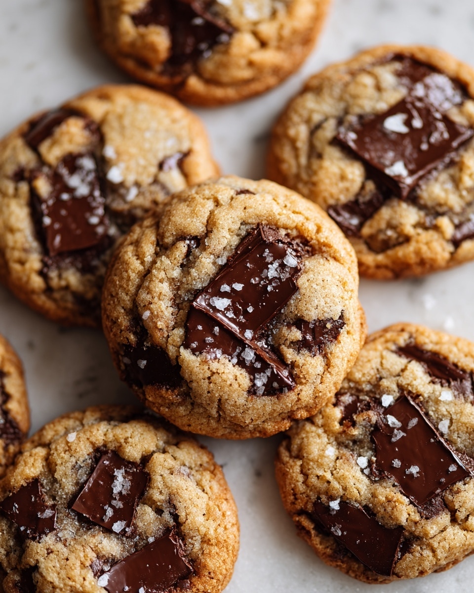 A close-up view of several soft chocolate chip cookies arranged in a loose cluster on a white marbled surface. Each cookie has a golden-brown textured base with large, melted dark brown chocolate chunks embedded, some spreading slightly on the surface. The cookies show cracks and small bubbles, giving a freshly baked and soft look, with a light sprinkle of coarse white salt on top. The background is softly blurred, focusing on the front cookie with rich details of the melting chocolate and warm dough. photo taken with an iphone --ar 4:5 --v 7