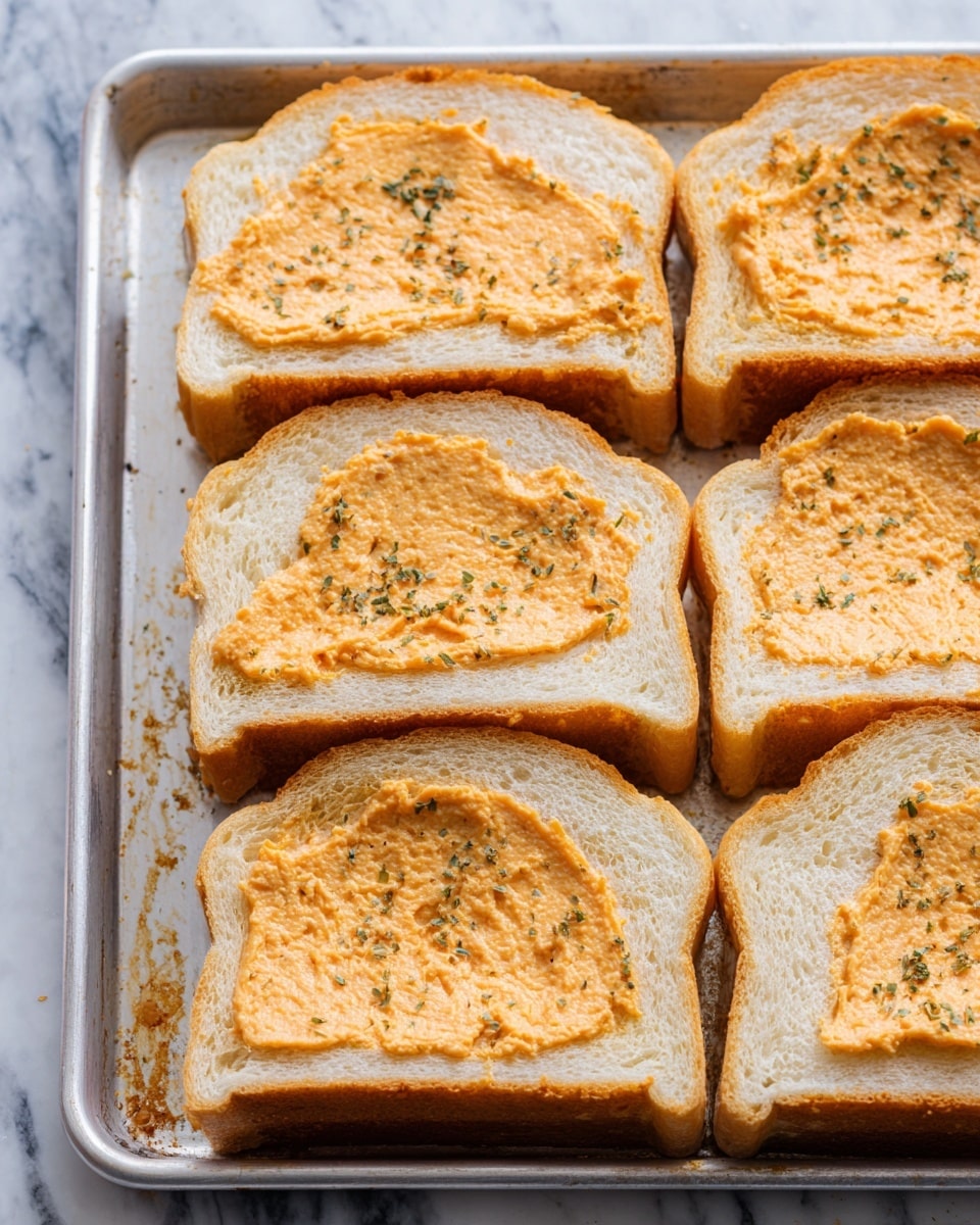 The image shows a close-up of six slices of white bread arranged on a silver baking tray. Each bread slice has one thick layer of a pale orange spread spread evenly across its top, with a slightly textured surface that shows small flecks of herbs. The bread has a soft and fluffy texture with a golden brown crust around the edges. The tray beneath has some remnants of the spread visible where some has been smeared. The background is a white marbled texture. photo taken with an iphone --ar 4:5 --v 7