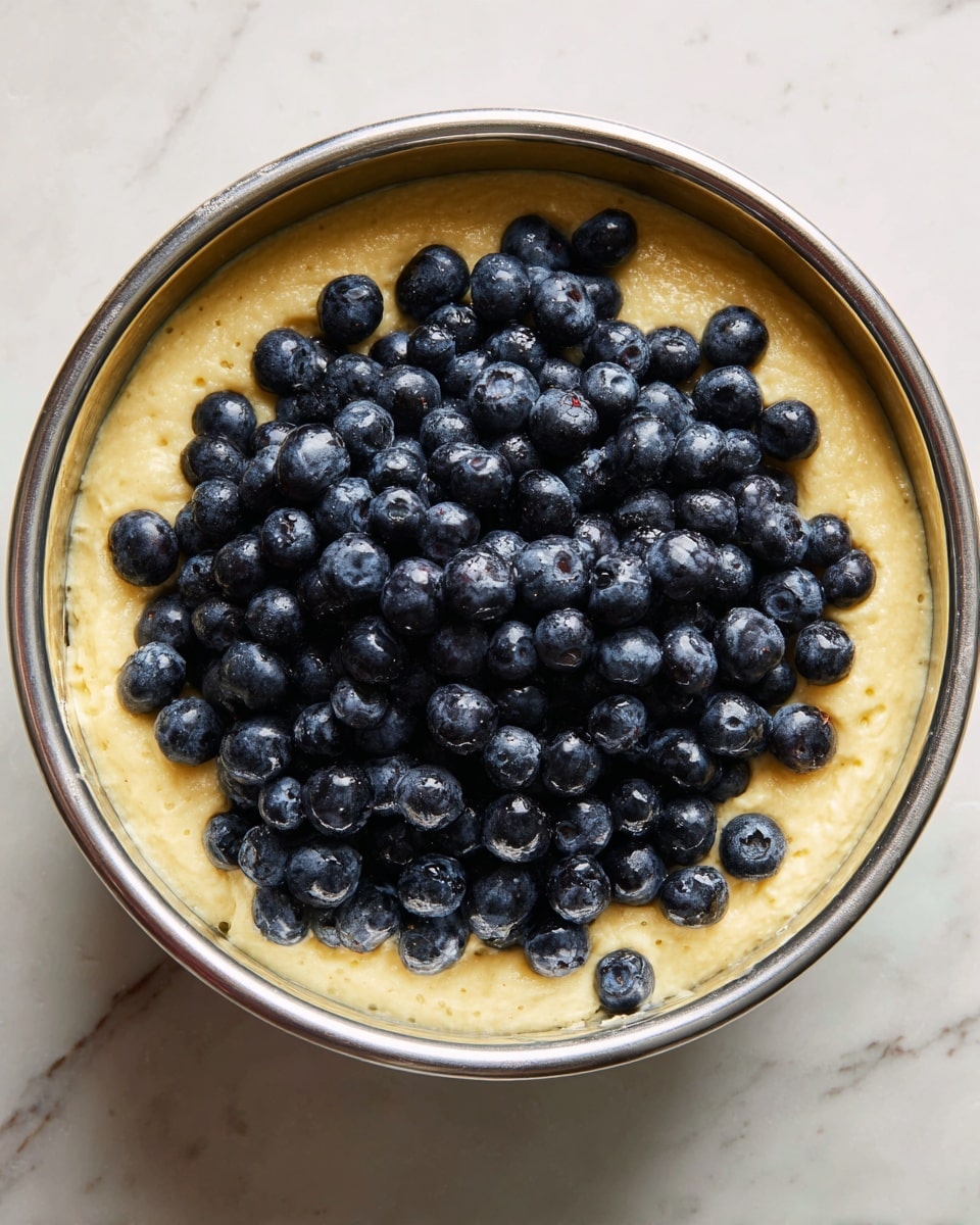 A shiny silver metal bowl holds a thick layer of pale yellow batter as the base, smooth with some air bubbles. On top of the batter lies a large mound of fresh, dark blue blueberries, round and plump, covering nearly the whole surface of the batter layer. The bowl is on a white marbled surface, and part of a woman's hand is barely visible at the bottom left holding the bowl. photo taken with an iphone --ar 4:5 --v 7