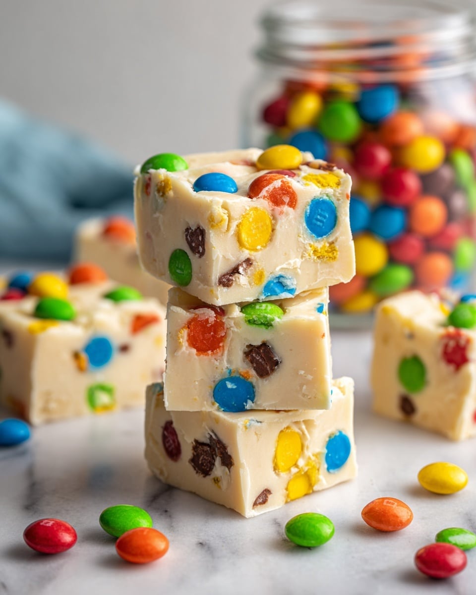The image shows a stack of three square pieces of light cream fudge, each loaded with colorful candy-coated chocolates in green, orange, blue, red, yellow, and brown colors embedded throughout the fudge and scattered on top. Around the stack, more fudge pieces covered with similar candies are placed on a white marbled surface. In the background, a clear jar filled with more of the bright candies adds a splash of vibrant color. The overall look is bright and playful with the contrast of the smooth creamy fudge and the shiny candy pieces. photo taken with an iphone --ar 4:5 --v 7
