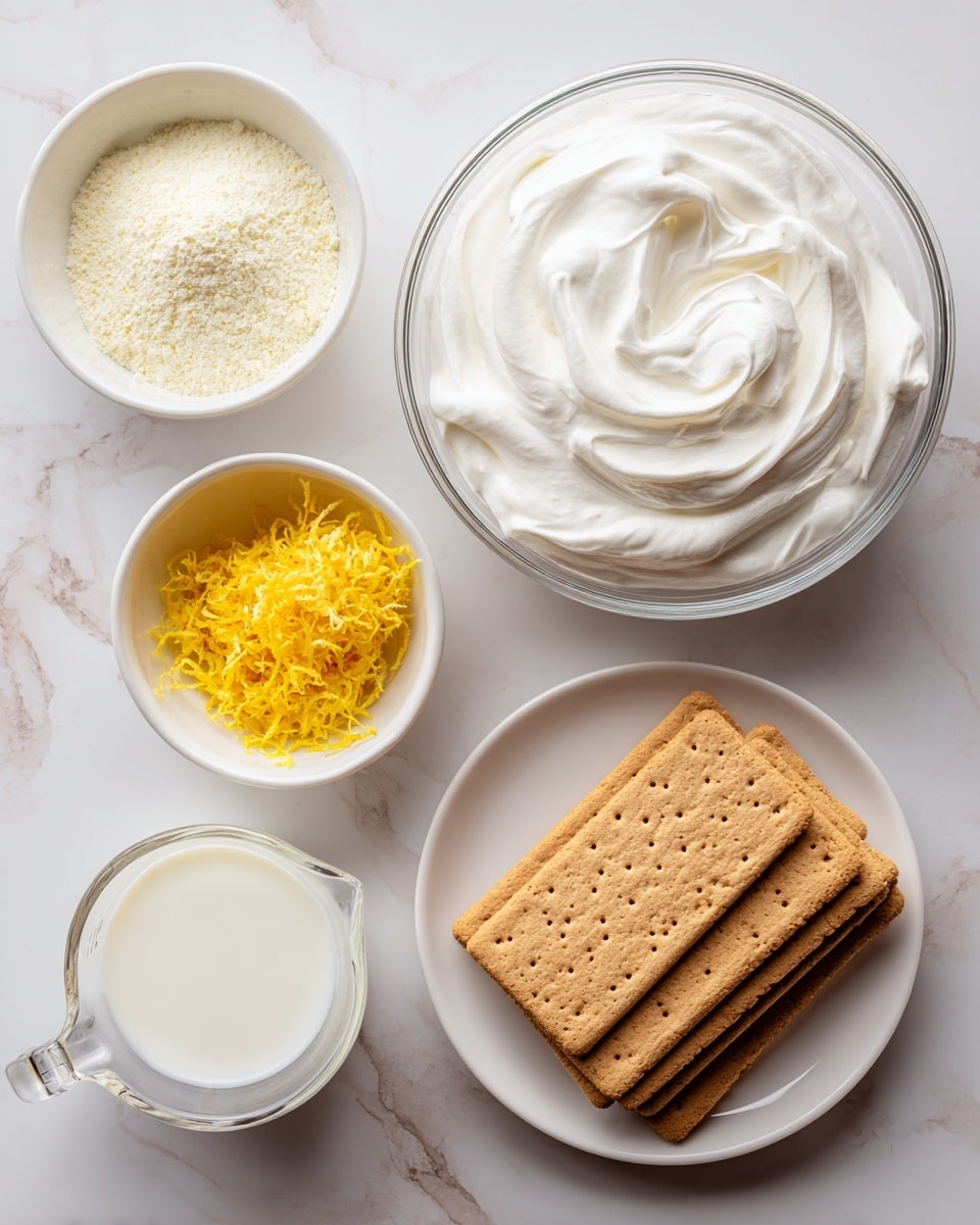 The image shows five groups of baking ingredients arranged on a white marbled surface from above. In the top center, there is a clear glass bowl filled with fluffy white whipped topping with a smooth, creamy texture. To the left, a small white bowl holds fine, powdery lemon instant pudding mix, which is very light yellow or off-white in color. Below that is a small clear glass measuring cup filled with plain white milk. At the top right, a small white bowl contains bright yellow lemon zest with a rough texture. At the bottom right, a white plate holds a neat stack of rectangular, light brown graham crackers with a grainy surface and small holes. The ingredients are spaced evenly with clean visual balance. Photo taken with an iphone --ar 4:5 --v 7