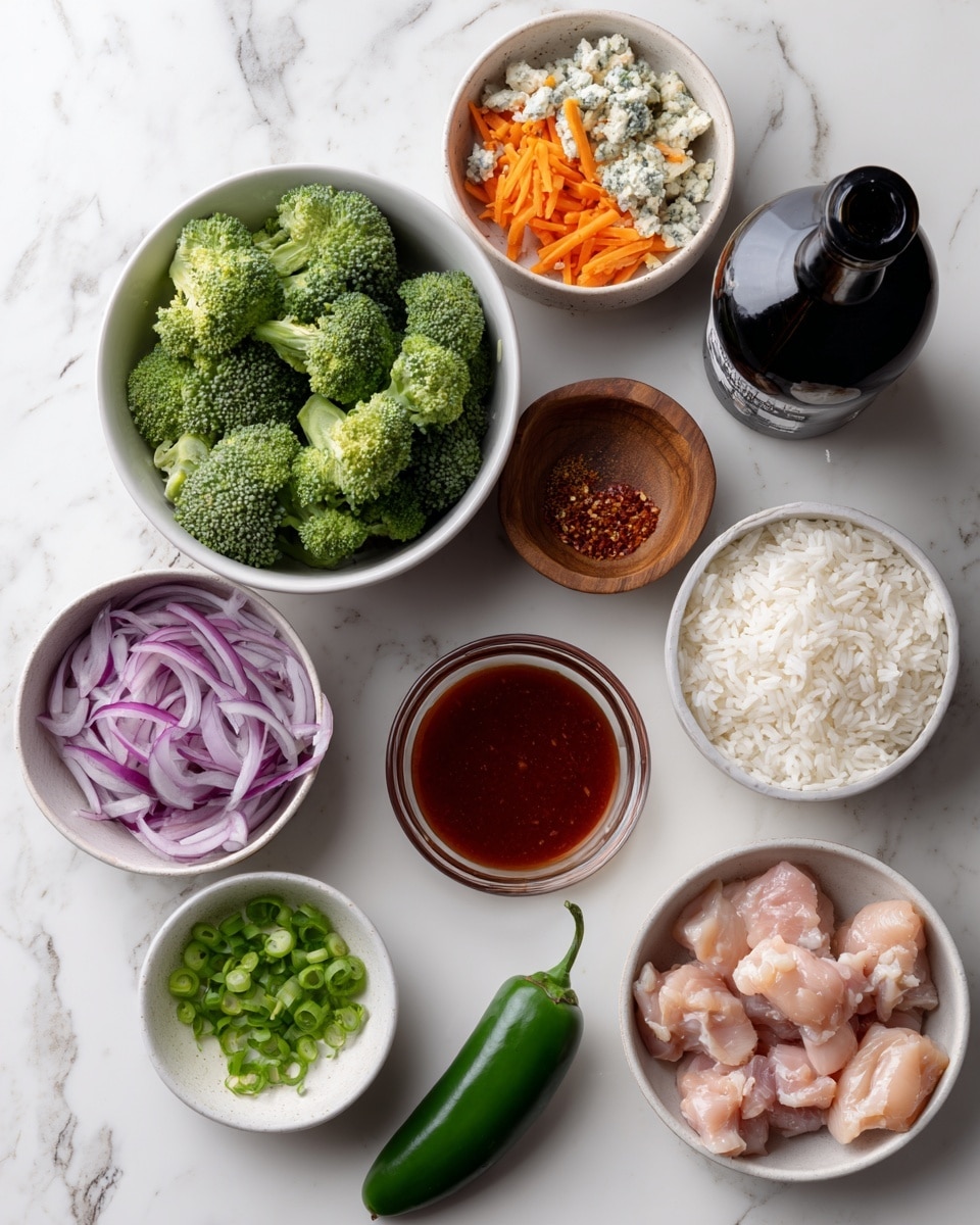 A top view shows various ingredients arranged on a white marbled surface: in the center is a white bowl filled with green broccoli florets, to its bottom right is another white bowl with small pieces of light pink raw chicken, and next to it is a white bowl with cooked white rice. Above these bowls, a small glass bowl holds bright red buffalo sauce. To the right, a small wooden bowl contains reddish and white seasonings (garlic powder, onion powder, smoked paprika, salt). Above that bowl is a white bowl filled with thinly sliced red onion. To the top left, a white bowl holds mixed toppings of orange carrot sticks, green onions, and crumbled blue cheese. A dark bottle of olive oil stands to the left near the bowls. At the bottom left of the image lies a fresh green jalapeno. Everything is placed neatly on a white marbled texture. Photo taken with an iphone --ar 4:5 --v 7