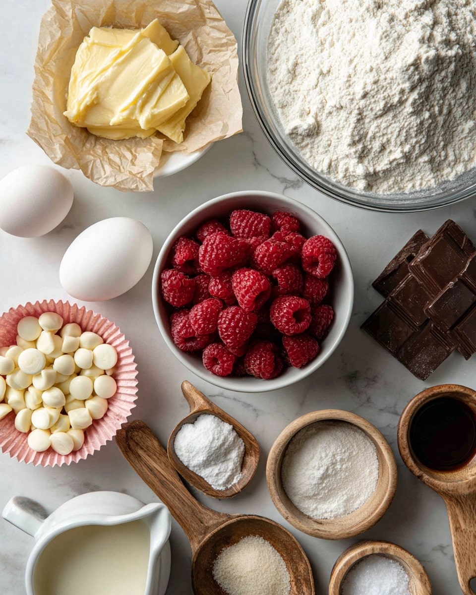 A top-down view of an arrangement of baking ingredients on a white marbled surface, featuring a large clear glass bowl filled with white flour in the top right, a small white bowl with melted yellow butter in the top left, and a white mug full of fresh red raspberries placed near the center. Around these are two white eggs resting on crumpled brown paper in the lower left, a pink paper cup holding white chocolate chips near the bottom left, a wooden scoop filled with light brown sugar at the bottom right, a small glass container of dark vanilla extract near the middle right, and three small wooden bowls containing white salt, baking powder, and baking soda scattered in between. Additionally, a small white pitcher with a creamy white liquid is positioned at the bottom left below the eggs. The composition is clean, bright, and well-organized, showing each ingredient clearly. Photo taken with an iphone --ar 4:5 --v 7