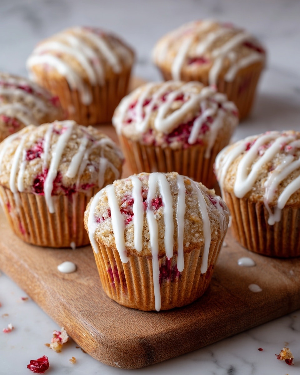 There are six muffins arranged on a wooden board with a white marbled surface beneath. Each muffin has two visible layers: the base is light brown with red berry pieces mixed throughout, showing a rough, soft texture. On top, there is white icing drizzled in thin, uneven stripes across the muffins, adding a smooth and shiny layer that contrasts with the rough muffin top. The muffins are placed close together but not touching, and some crumbs and small drops of icing are scattered around on the board. Photo taken with an iphone --ar 4:5 --v 7