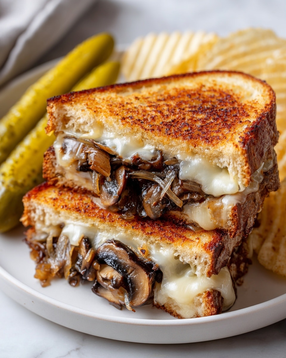 A grilled sandwich is shown cut in half, with two thick golden brown slices of toasted bread forming the top and bottom layers. Inside the sandwich, there is a thick, melty layer of white cheese and a darker layer of cooked caramelized onions and mushrooms that look soft and juicy. The sandwich is placed on a white plate with a white marbled surface background. Behind the sandwich, there are two light green pickle spears laying side by side, and some ridged pale yellow potato chips are peeking out around the pickles. Photo taken with an iphone --ar 4:5 --v 7