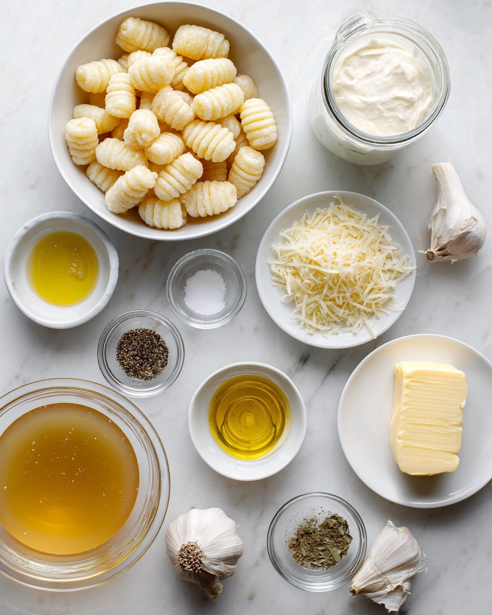 The image shows an overhead view of various cooking ingredients arranged neatly on a white marbled surface. In the center, there is a white bowl filled with pale, ridged gnocchi. To the right of it, a white bowl contains finely shredded pale yellow Parmesan cheese. Above the gnocchi, a clear glass jar holds creamy white heavy cream. Next to the jar is a white plate with a bright yellow stick of butter. Around these, small white bowls contain a rich golden olive oil, coarse white kosher salt, dark ground black pepper, and a small whole head of garlic with white papery skin. At the bottom left, a large clear bowl holds golden chicken broth. The ingredients are spaced evenly with labels on the image, set on a clean white marbled background showing subtle gray veins. Photo taken with an iphone --ar 4:5 --v 7