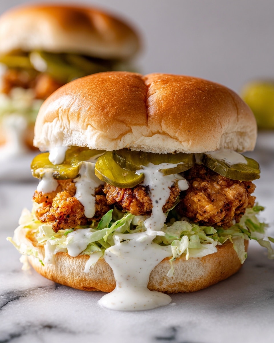 A close-up of a sandwich with a white bun on top and bottom, with the top bun slightly pressed down. Inside, there are two layers of green pickles, a layer of crunchy golden-brown fried chicken pieces, and a layer of shredded light green lettuce. White creamy sauce is dripping down the sides from the top, covering some pickles and chicken pieces. The sandwich sits on a white marbled surface and there is a blurred second sandwich in the background. photo taken with an iphone --ar 4:5 --v 7