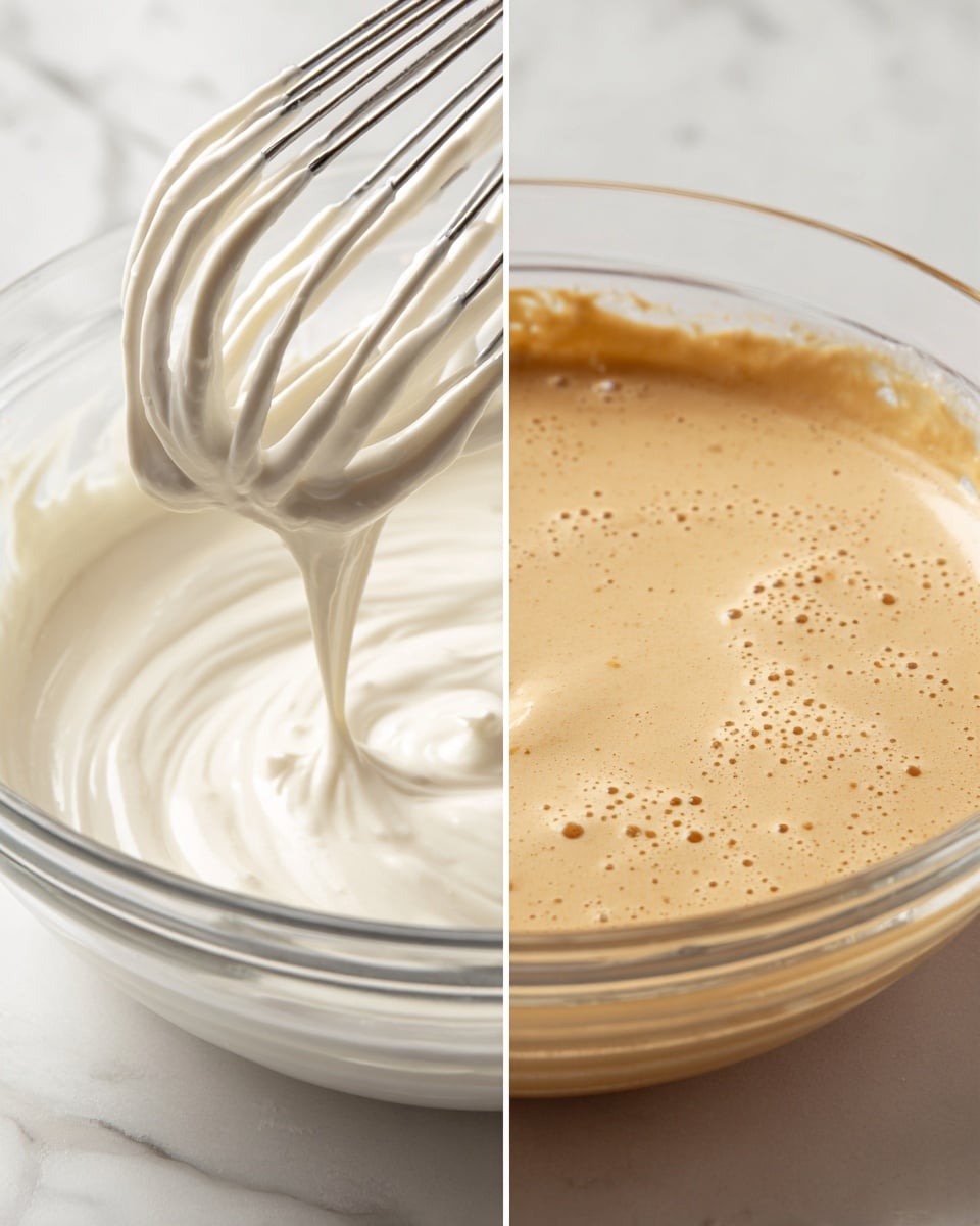 The image shows two close-up views of a mixing bowl with light, fluffy batter or cream. On the left side, a metal whisk lifts thick, smooth white cream that clings softly to the wires, dripping slowly back into the shiny metal bowl below. On the right side, a clear glass bowl holds a thick, creamy mixture with a slightly tan color and a bubbly, smooth texture, with a pale spoon partially dipped in it. The scene sits on a white marbled surface. Photo taken with an iphone --ar 4:5 --v 7