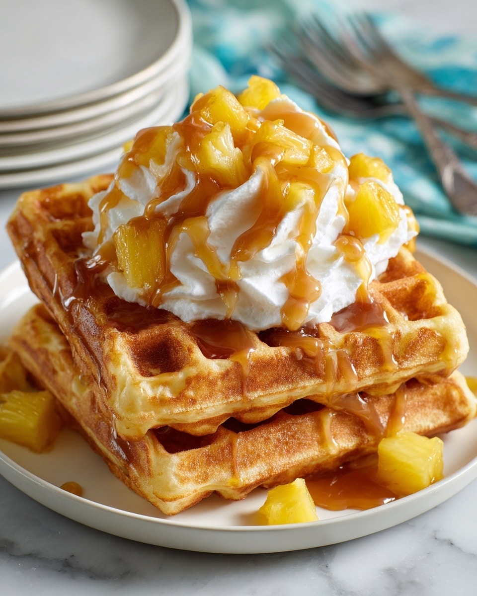 A stack of two golden brown waffles with a crisp texture sits on a white plate on a white marbled surface. The waffles are topped with small, bright yellow diced pineapple pieces scattered around and between the waffles. On top, there is a dollop of white whipped cream with a smooth, fluffy texture, drizzled with light brown caramel sauce that cascades slightly down the sides. The background shows a blurred stack of white plates with a blue cloth and silver forks. Photo taken with an iphone --ar 4:5 --v 7