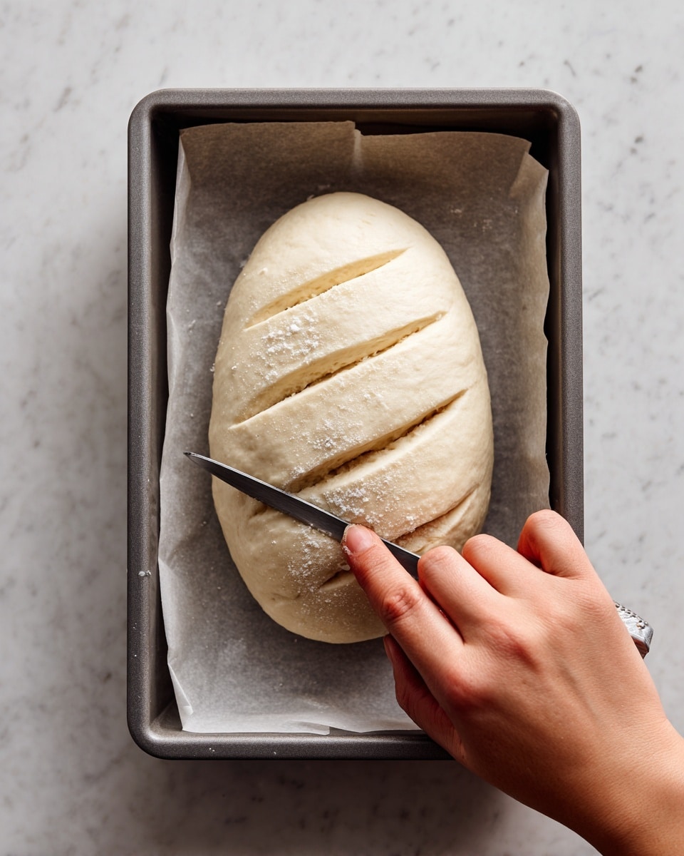 The image shows a close-up of a smooth, pale dough loaf placed in a gray baking tray lined with parchment paper. The dough is shaped into an oval and has four diagonal cuts on the top surface, which is soft and slightly shiny. A knife held by a woman's hand is seen making one of the cuts, with the finger pressing gently on the dough next to it. The tray sits on a white marbled surface. Photo taken with an iphone --ar 4:5 --v 7