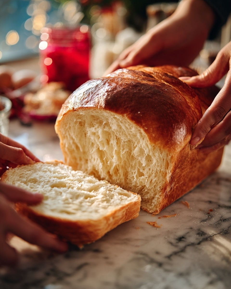 A soft, fluffy loaf of bread with a shiny, brown top crust is shown being pulled apart by two woman's hands. The bread's inside is white and looks very light, with a fibrous texture. The background includes a white marbled surface with a blurred red jar and other indistinct objects. The image focuses closely on the bread and the act of pulling it apart, showing the fresh and soft texture clearly photo taken with an iphone --ar 4:5 --v 7