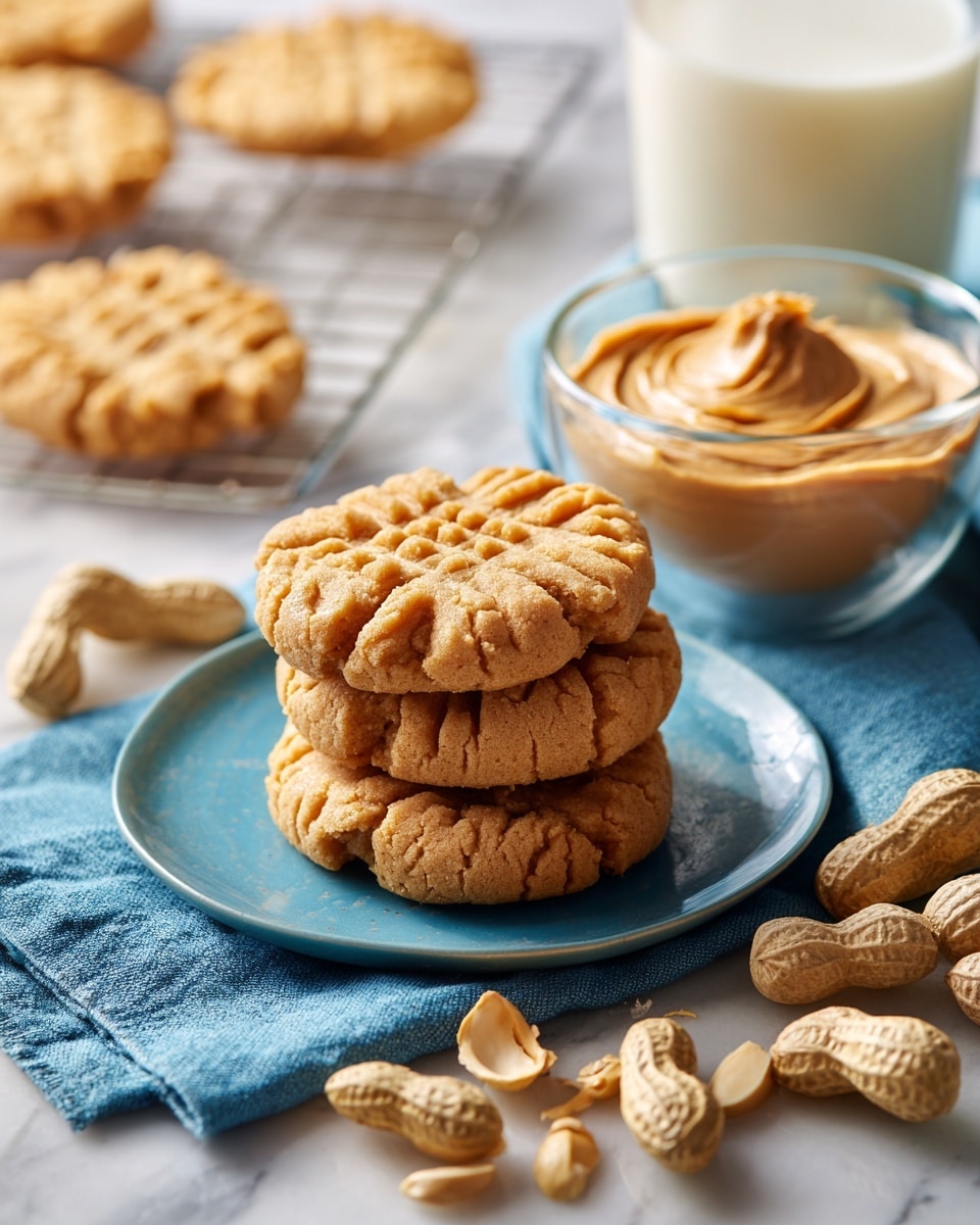 A stack of three light golden brown peanut butter cookies with a slightly rough texture and fork-pressed crisscross pattern sits in the center on a blue cloth. Around it, unshelled whole peanuts lie scattered in the foreground on a white marbled surface. To the right behind the cookies, there is a small clear bowl filled with smooth peanut butter, swirled on top to form soft peaks. Further back, a white glass of milk is visible. In the left background, more peanut butter cookies are on a cooling rack sitting on the blue cloth. The scene is softly lit, showing warm tones of the cookies and peanut butter, with the blue cloth and white marbled surface providing contrast. photo taken with an iphone --ar 4:5 --v 7