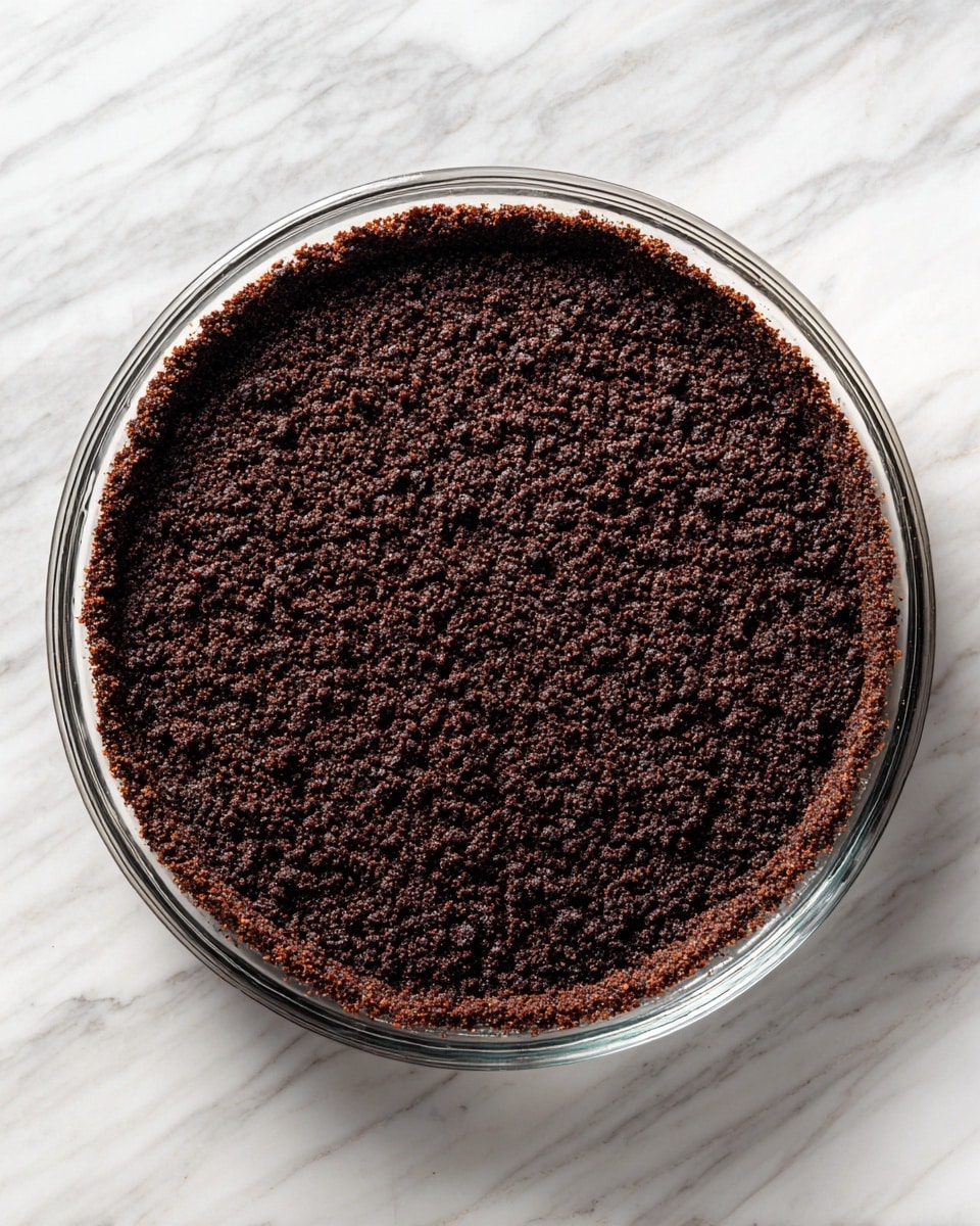 A single round layer of dark, finely crushed cookie crust is evenly pressed into a clear glass pie dish. The crust has a slightly rough texture with tiny crumbs visible and is firm around the edges, creating a distinct border. The dish sits on a white marbled surface, and the lighting highlights the rich, deep brown-black color of the crust. The photo is taken from above, showing the evenness and smoothness of the crust layer inside the dish photo taken with an iphone --ar 4:5 --v 7