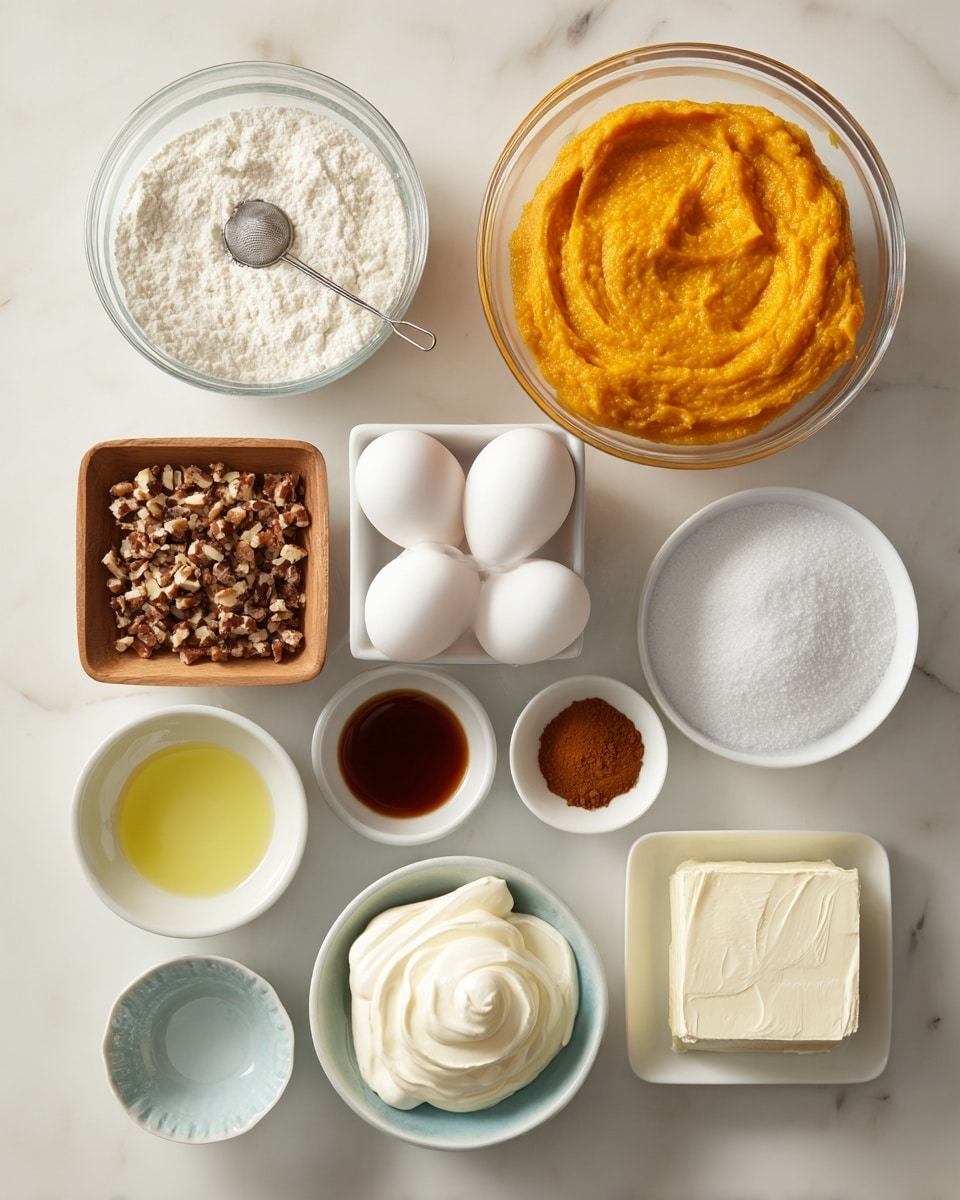 The image shows various ingredients arranged neatly on a white marbled surface. In the top center, there is a clear glass bowl filled with bright orange pumpkin puree that has a thick, creamy texture. To the right, a white bowl holds small, chopped toffee bits in dark and light brown shades. Below that, a white bowl contains fine white powdered sugar with a small metal sieve resting on top. Below the pumpkin puree, three white eggs sit together in a small square wooden bowl. To the left, a clear glass of water stands next to a sealed white plastic bag of spice cake mix. Below the eggs, a small white bowl holds light yellow vegetable oil, and beside it is another small white bowl filled with dark amber vanilla extract. Next to the vanilla, a tiny white bowl contains brown pumpkin pie spice. At the bottom left, a white bowl with a gentle blue tint holds smooth white whipped topping with soft swirls. On the bottom right, a partially unwrapped block of white cream cheese rests wrapped in silver foil. All the items are placed in an orderly way, making all textures and colors easy to see. photo taken with an iphone --ar 4:5 --v 7