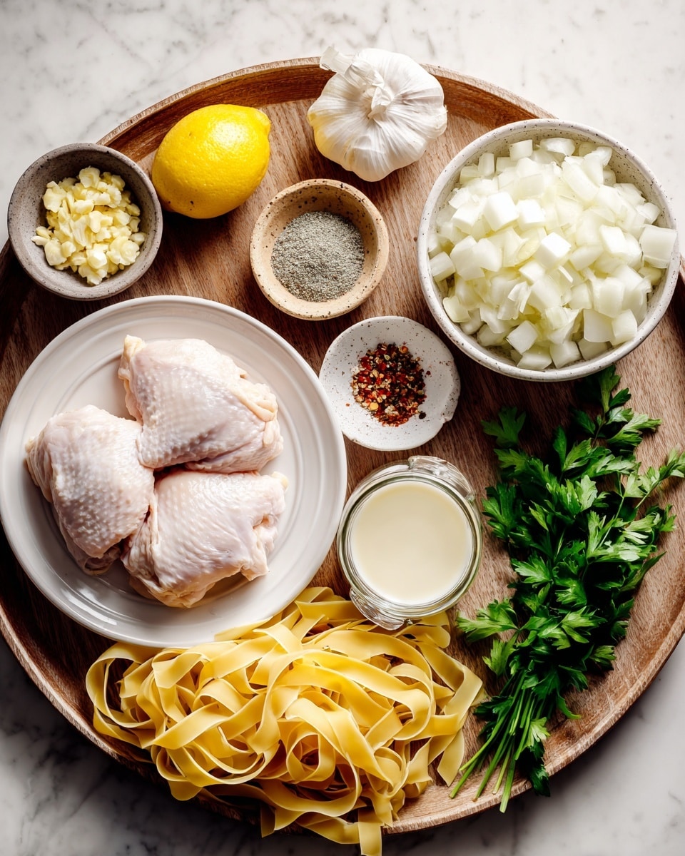 The image shows a wooden tray on a white marbled surface holding several small bowls and ingredients arranged neatly. At the center bottom on a white plate are two raw, pale pink chicken pieces with a smooth texture. On the upper right is a white bowl filled with chopped white onion cubes. To the left of that, a small white bowl holds finely chopped garlic with a pale yellow color. Above the garlic, a small brown ceramic plate contains three types of spices: a coarse gray spice, a fine red spice, and white salt. Next to the spices, a small white bowl holds bright green fresh parsley leaves. To the left at the bottom corner, a whole yellow lemon and a pile of uncooked wide pasta ribbons rest on the tray. Two small glass containers at the bottom hold a white heavy cream and a light yellow broth. The scene is bright with soft natural light. photo taken with an iphone --ar 4:5 --v 7