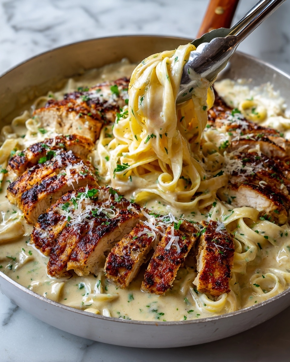 The image shows a white pan filled with creamy fettuccine pasta as the bottom layer, covered with a smooth, light beige sauce sprinkled with small green herbs. On top, there are several thick slices of grilled chicken with a crispy, browned, and slightly charred texture, arranged around the edges and center of the pan. The chicken has bits of grated cheese and herbs scattered on it, adding seasoning detail. A pair of silver tongs with a wooden handle is lifting a twirl of the saucy pasta from the middle. The whole dish is placed on a white marbled surface. Photo taken with an iphone --ar 4:5 --v 7