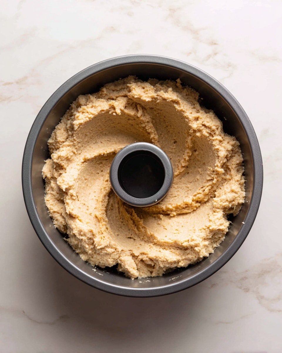 The image shows a dark gray Bundt pan filled with a thick, rough-textured batter that is light brown with some golden tones mixed in. The batter is evenly spread inside the pan, filling it up to about two-thirds full, and the central hole of the pan is clearly visible. The pan is placed on a white marbled surface that adds a soft, clean contrast to the warm, dense batter inside. photo taken with an iphone --ar 4:5 --v 7