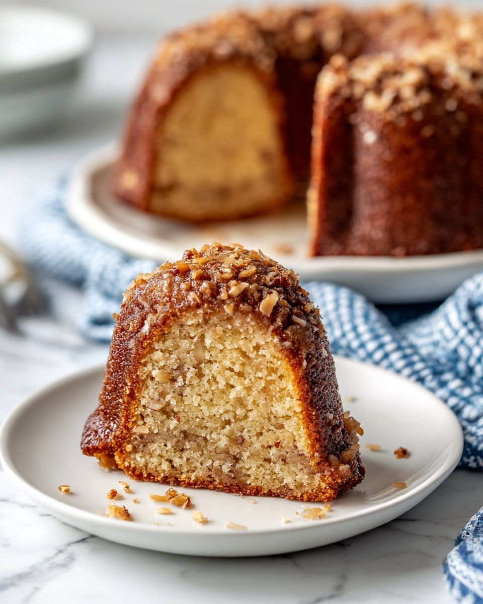 A close-up of a slice of moist bundt cake placed on a white plate, showing a textured inside with bits of nuts and coconut, the cake's outer layer is golden brown and slightly crispy. Behind the slice, the whole bundt cake with a hole in the center sits on another white plate. The plates rest on a white marbled surface with a blue and white checkered cloth near the front plate. The scene is bright and focuses on the soft, crumbly texture of the cake’s slice. Photo taken with an iphone --ar 4:5 --v 7