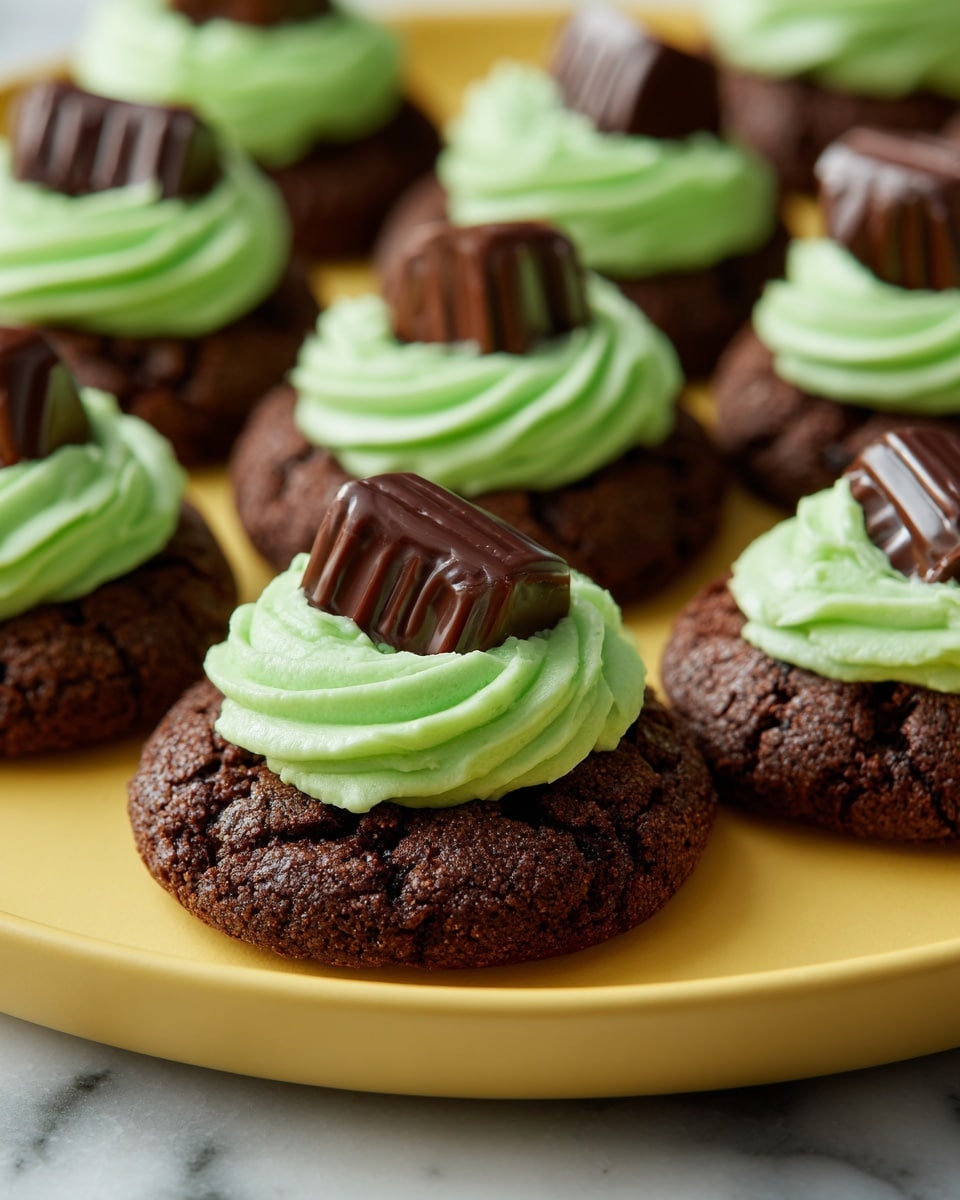 The image shows a close-up of multiple round chocolate cookies on a yellow plate, each topped with a thick swirl of bright green frosting that looks smooth and creamy. On top of the green frosting, there is a glossy dark chocolate layer with a small piece of chocolate candy placed in the center. The cookies have a rough, cracked texture and appear soft and dense. The background is a white marbled surface. photo taken with an iphone --ar 4:5 --v 7