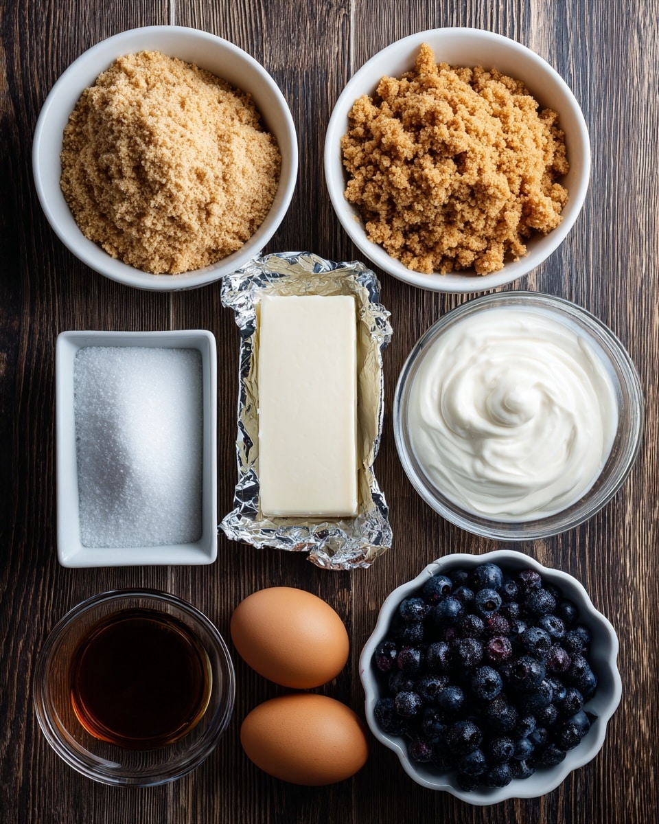 The image shows ingredients for a dessert on a dark wood surface changed to a white marbled texture. In the top left, there is a white bowl filled with light brown graham cracker crust crumbs. Next to it on the right is another white bowl with a light brown crumble topping that looks rough and chunky. Below these bowls, a silver rectangle of cream cheese is placed with its foil wrapper still on. Next to it is a small clear glass bowl filled with smooth white sour cream. Below the bowl, two brown eggs rest side by side. A white bowl with fine white granulated sugar is at the bottom left. To the right of the eggs and sugar bowl is a white scalloped dish filled with amber vanilla extract. At the bottom right, a white bowl full of dark purple blueberries with a frosty texture is visible. All elements are clearly arranged and labeled for use in a recipe photo taken with an iphone --ar 4:5 --v 7