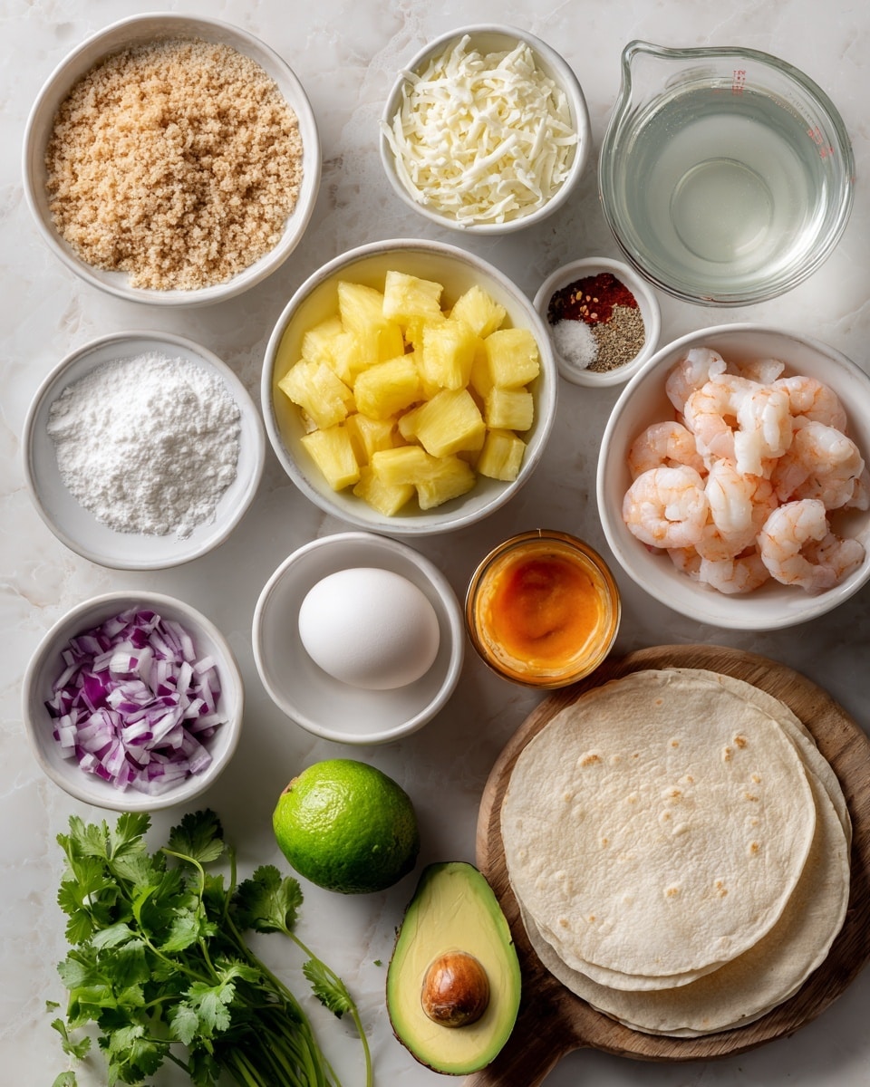 The image shows an overhead view of several small white bowls and containers arranged neatly on a white marbled surface. From left to right and top to bottom, the bowls hold light brown breadcrumbs, raw shrimp, pale yellow diced pineapple, white sour cream, shredded white coconut, small black pepper, white salt, small diced red bell pepper, finely chopped purple onion, light beige mayonnaise, white flour with an egg resting on top, a clear measuring cup filled with a white liquid, a small bowl with orange hot sauce, a whole green lime, half a green avocado with a brown seed, two light yellow corn tortillas stacked on a small wooden cutting board beside a bunch of fresh green cilantro. Photo taken with an iphone --ar 4:5 --v 7