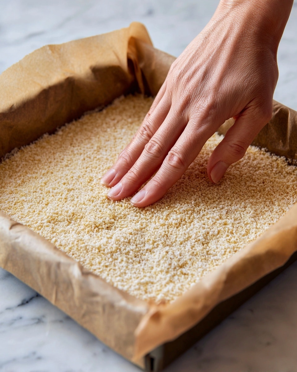 A close-up image shows a woman's hand pressing down a light golden crumb layer in a square baking pan lined with brown parchment paper. The crumb layer has a fine, sandy texture spreading evenly across the bottom of the pan. The background surface is a white marbled texture. Photo taken with an iphone --ar 4:5 --v 7