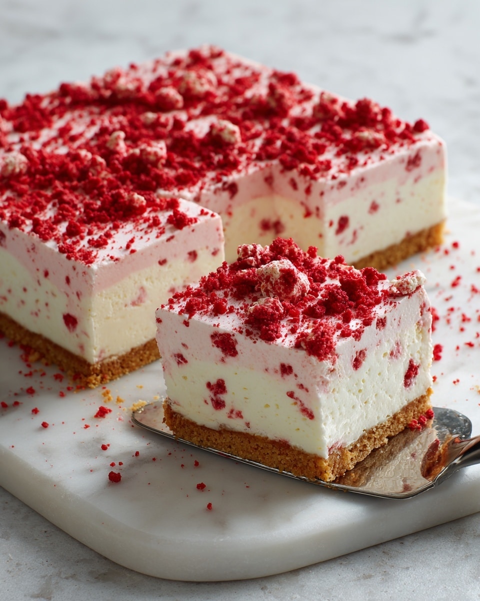 The image shows a large rectangular dessert with three clear layers placed on a white marbled surface. The bottom layer is light golden brown, crumbly and firm like a cookie crust. The middle layer is creamy, smooth, and off-white, slightly melting at the edges. The top layer is light pink with visible small red fruit pieces embedded inside and scattered red crumbs on the surface. The same red crumbs cover the entire top layer thickly, adding a rough texture. One slice is being lifted by a spatula, showing all the layers clearly. Photo taken with an iphone --ar 4:5 --v 7