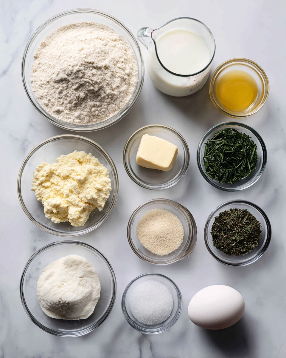 The image shows a flat lay of cooking ingredients on a white marbled surface. On the left side, there is a large clear glass bowl filled with light beige flour at the top left, below it is a transparent measuring cup with white milk, and next to the milk is a small clear bowl with melted yellow butter. On the right side, there are eight small clear glass bowls arranged in two columns: the top row has bright green chopped parsley and pale yellow minced garlic bowls, beneath them are white salt and light brown active dry yeast bowls, below those are a bowl with dark green rosemary and a bowl with white sugar, and the bottom row contains a white egg in a clear bowl and a dark green thyme bowl. Each ingredient is labeled clearly with black text above or near the bowls. photo taken with an iphone --ar 4:5 --v 7