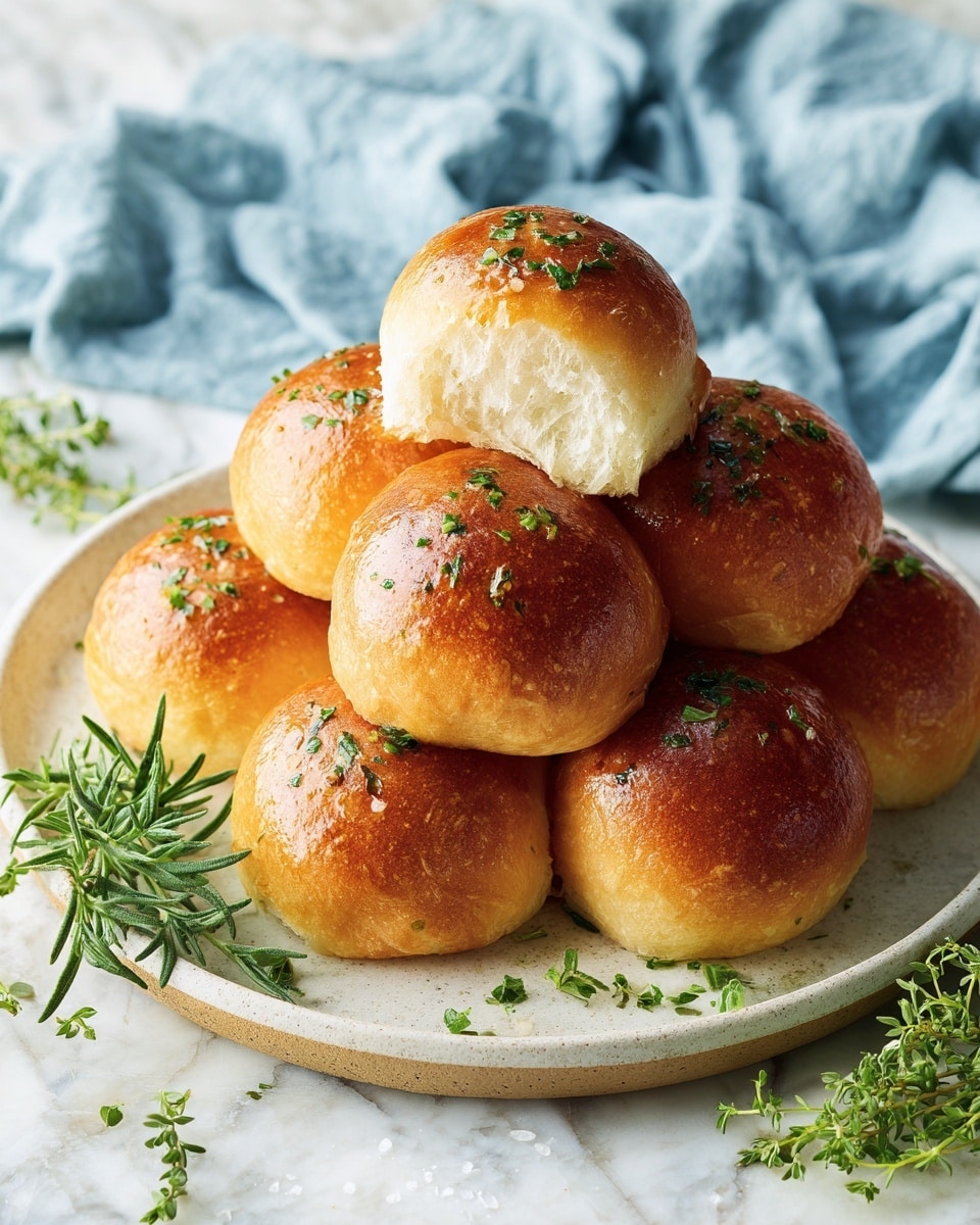 A round plate holds eight warm, golden-brown dinner rolls stacked loosely in a small pile. The rolls have a soft, fluffy white inside visible in some where the pieces slightly pull apart. Each roll’s top surface is shiny with a light glaze and sprinkled with finely chopped green herbs and bits of garlic. Around the plate, fresh green rosemary and thyme sprigs add a natural touch. The scene is set on a white marbled surface with a soft blue cloth gently crumpled in the background. photo taken with an iphone --ar 4:5 --v 7