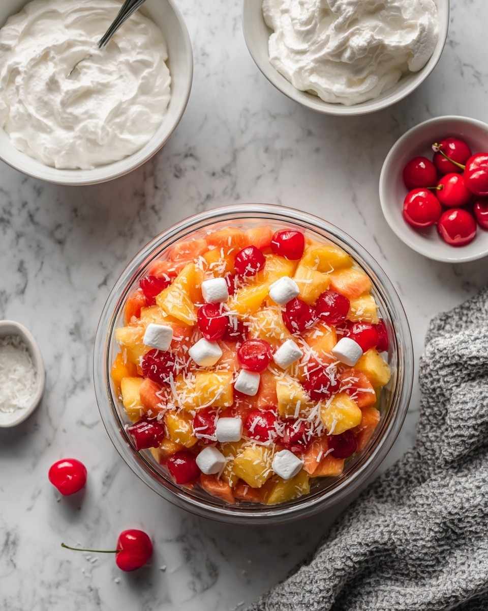 A clear glass bowl filled with a colorful fruit salad sits on a white marbled surface. The salad has three main layers: a base of bright orange and yellow fruit chunks, scattered red cherries, and small white marshmallows sprinkled on top, giving a mix of shiny and soft textures. There is shredded white coconut sprinkled evenly over the fruit, adding a fine layer across the bowl. Around the bowl, there are two white bowls; one with a smooth white cream and another with fluffy white whipped topping. A few red cherries are also placed near the bowls. A gray textured cloth is positioned on the right side of the scene. photo taken with an iphone --ar 4:5 --v 7