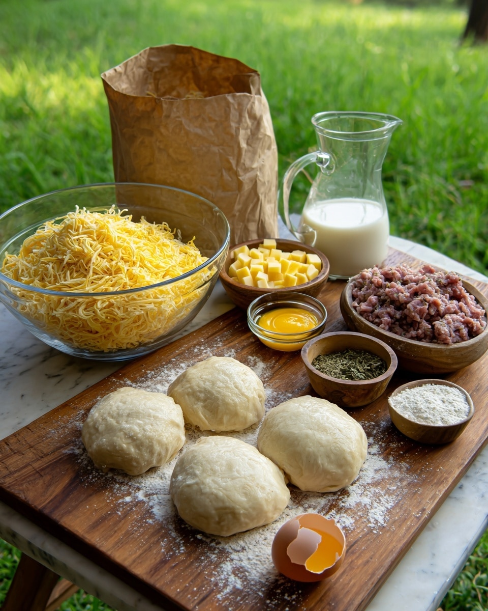 The image shows a wooden board with cooking ingredients arranged neatly on it, placed outdoors with green grass in the background. There is a large clear glass bowl filled with yellowish grated cheese or crumbled dough in the center left. Behind it, a brown paper flour bag is visible. To the right, a clear glass bowl contains raw meat mixed with small cubes of yellow cheese. A clear pitcher with white milk sits behind the bowl of meat. On the board, there are three round dough discs with a pale yellow smooth texture, lightly dusted with flour. Small bowls filled with salt, a yellow paste, and other ingredients are placed between and around the dough discs. An egg shell half with a yolk inside is near the board's bottom left corner. The scene is set on a white marbled surface. Photo taken with an iphone --ar 4:5 --v 7