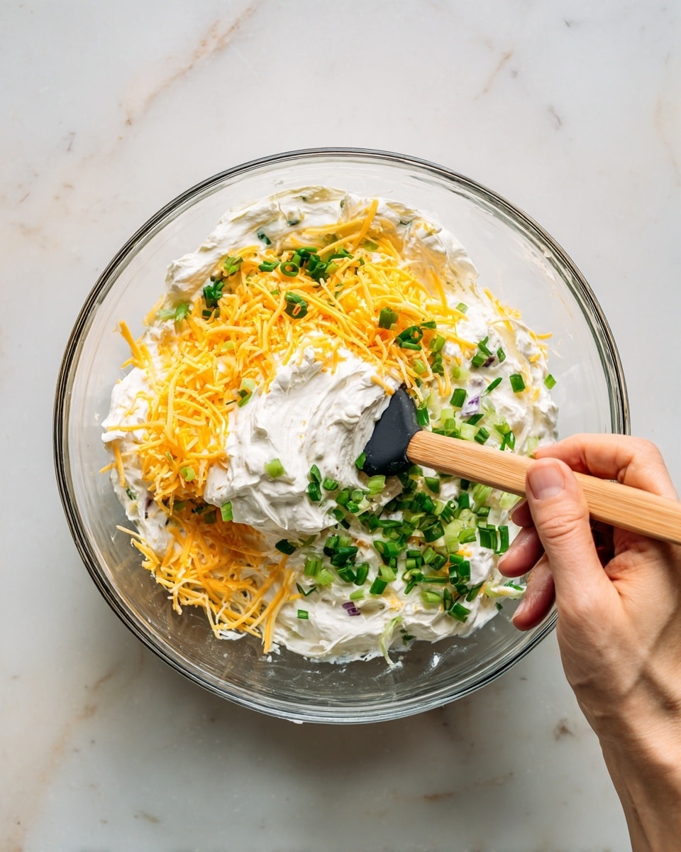A clear glass bowl on a white marbled surface holds a mix of ingredients with three main layers visible: shredded bright orange cheddar cheese scattered on top, , and finely chopped green onions adding fresh green color all around. Thick creamy white sour cream is in the center, partly mixed in. A woman's hand holds a wooden spatula with a black silicone head, stirring the ingredients in the bowl. The bowl is large with a smooth round shape. Photo taken with an iphone --ar 4:5 --v 7