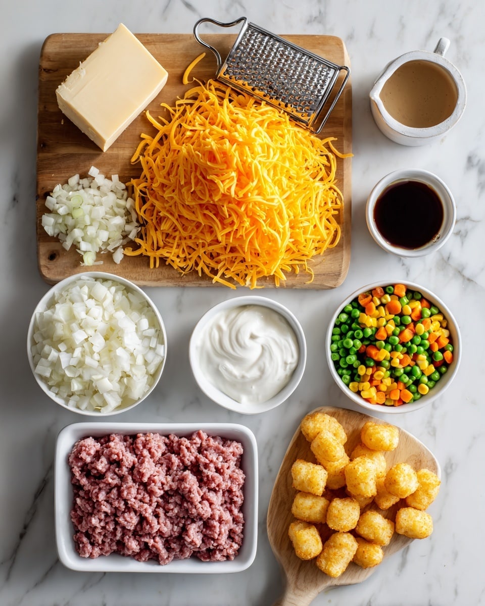 A white marbled surface holds all ingredients for a dish arranged neatly with labels in black text. At the top center is a wooden board with a large pile of bright orange shredded cheddar cheese next to a metal grater holding a block of the same cheese. To the left on the board are small piles of finely minced garlic and chopped white onion. Below the board are several items: a white rectangular tray with tightly packed raw pink ground beef, a small white bowl with creamy white sour cream, a small round white bowl filled with mixed frozen vegetables—corn, peas, green beans, and carrots, a white cup partially visible with mushroom soup, a small cup of dark Worcestershire sauce, and a wooden spatula holding golden frozen tater tots. The whole arrangement is set on a clean white marbled tabletop. photo taken with an iphone --ar 4:5 --v 7