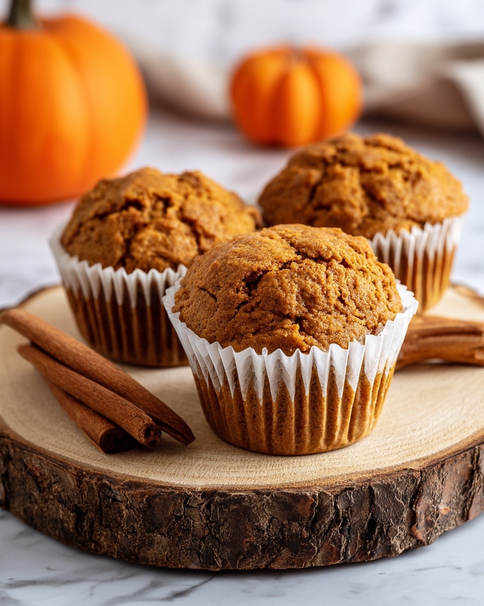 The image shows a close-up of three pumpkin muffins with a cracked, golden-brown top and a soft, textured body wrapped in white paper liners, sitting on a round wooden slab with visible bark edges. In the background on the left side, there are two brown cinnamon sticks placed diagonally near the muffins, and an orange pumpkin is blurred behind them. The whole scene is set on a white marbled surface. photo taken with an iphone --ar 4:5 --v 7