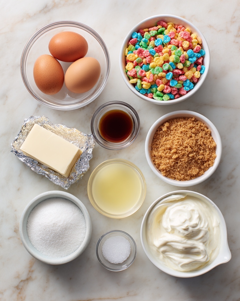 The image shows various ingredients neatly placed on a white marbled surface. At the top left, there is a clear glass bowl with two brown eggs. To the right, a white bowl is filled with colorful fruity pebbles cereal, showing bright reds, yellows, blues, and greens. Below the eggs, a silver-wrapped block of cream cheese lies flat. Next to it is a small clear glass bowl containing dark brown vanilla extract. To the right, a white bowl holds light brown graham cracker crumbs with a slightly grainy texture. Below, a small white bowl contains granulated white sugar, looking fine and smooth. Near it, a white bowl with thick, creamy sour cream appears soft and slightly whipped. Next to it, a small white pitcher holds melted butter with a yellowish liquid look. Finally, a tiny clear bowl at the center contains coarse white salt crystals. All items are spaced evenly on the white marbled background. Photo taken with an iphone --ar 4:5 --v 7