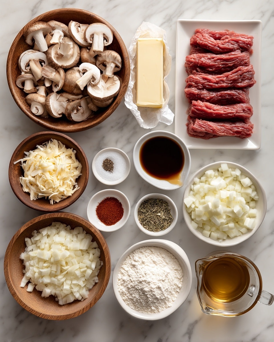 The image shows many cooking ingredients neatly placed on a white marbled surface. On the top right, there is thin strips of raw red meat laid out on a white square plate. To the left of the meat, there is a round wooden bowl filled with sliced mushrooms in light brown and beige colors. Below the mushrooms, a small block of butter is wrapped in paper. Next to the butter, a small white bowl holds a dark brown liquid. Above the dark liquid, a tiny white bowl contains bright red powdered spice. To the right of the spice, another wooden bowl is full of chopped white onions. Below the onions and spices, there are smaller wooden bowls holding white salt, black pepper, and dried herbs, arranged neatly in a row. On the lower part, two more white bowls hold a heap of white flour and creamy white sour cream. Another small white bowl in front has finely chopped pale yellow garlic. To the bottom right corner, there is a glass measuring cup with brown broth inside. Everything is placed clearly and carefully, showing fresh and raw ingredients ready for cooking. Photo taken with an iphone --ar 4:5 --v 7