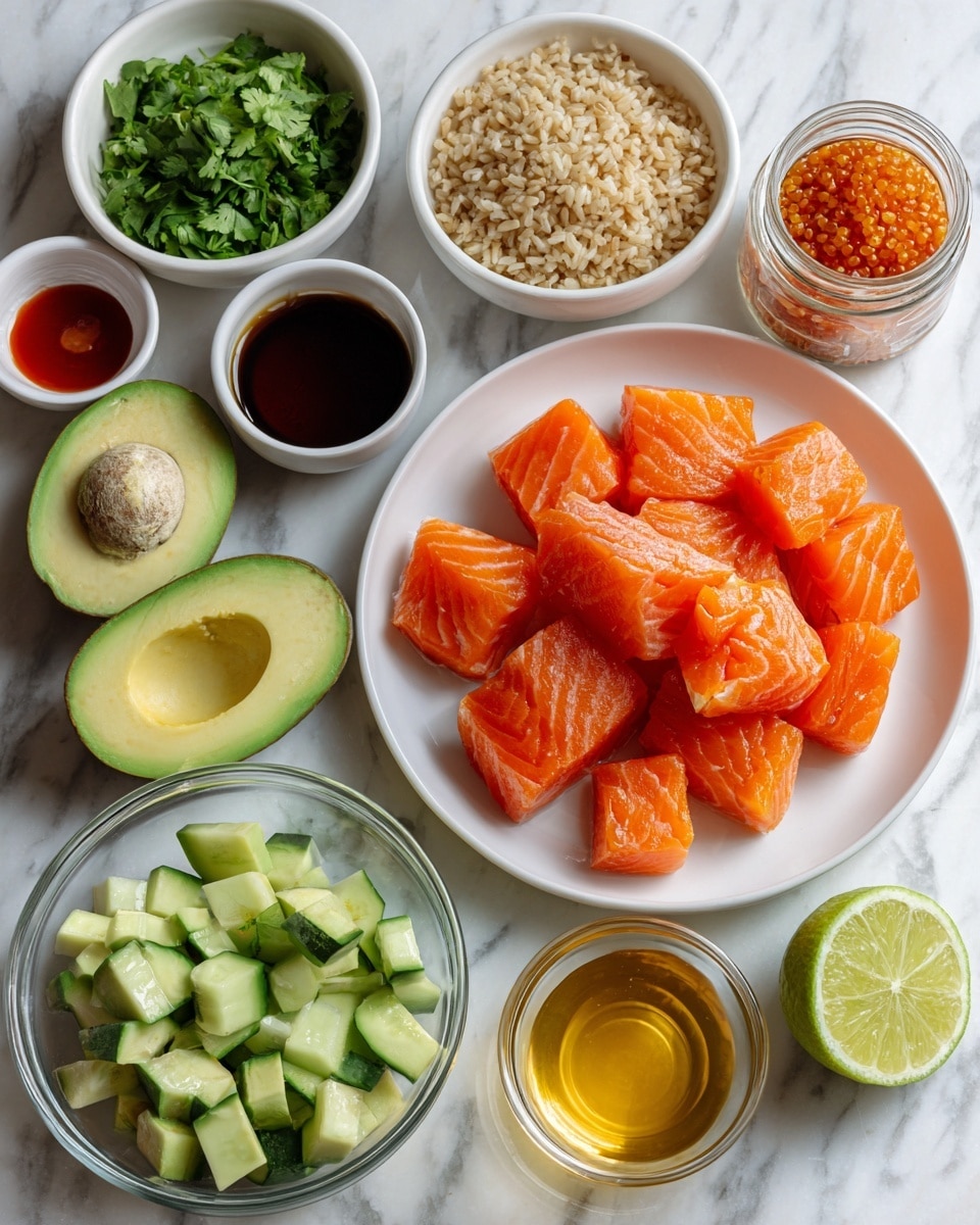 A white bowl filled with bright orange chunks of raw salmon sits near the center of a white marbled surface. Around it are small white bowls and glass containers holding various ingredients: light brown cooked brown rice, dark green chopped cilantro, green diced cucumber, a light yellow liquid labeled avocado oil, dark brown soy sauce, orange-red sriracha sauce, amber honey, and a creamy orange mayo sauce in a glass jar. There is also a glass bowl of pale green avocado chunks, a small glass with light yellow olive oil, and a halved lime showing its green flesh in the middle. Each ingredient is spaced apart neatly and labeled in black text above or beside each bowl or jar. The photo taken with an iphone --ar 4:5 --v 7