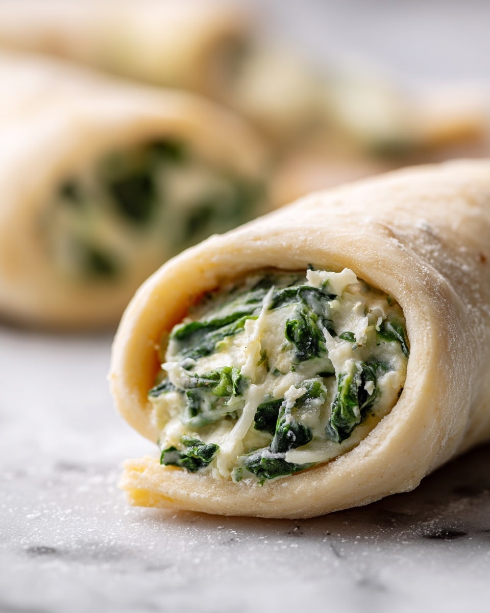 A close-up of a rolled dough piece filled with a creamy white and green mixture, likely spinach and cheese, showing a soft and slightly textured dough layer wrapped around a visible filling at one open end. The dough is light beige and looks soft, lying on a white marbled textured surface. The filling peeks out with bright green leafy pieces mixed with creamy white strands. Part of another rolled piece is blurred in the background. Photo taken with an iphone --ar 4:5 --v 7